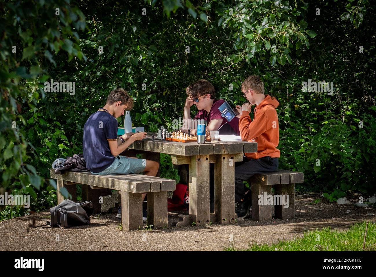 Teenager spielen an einem Sommernachmittag Schach im Freien in einem Park. Konzept, Lebensstil, Kultur, abstrakt. Stockfoto