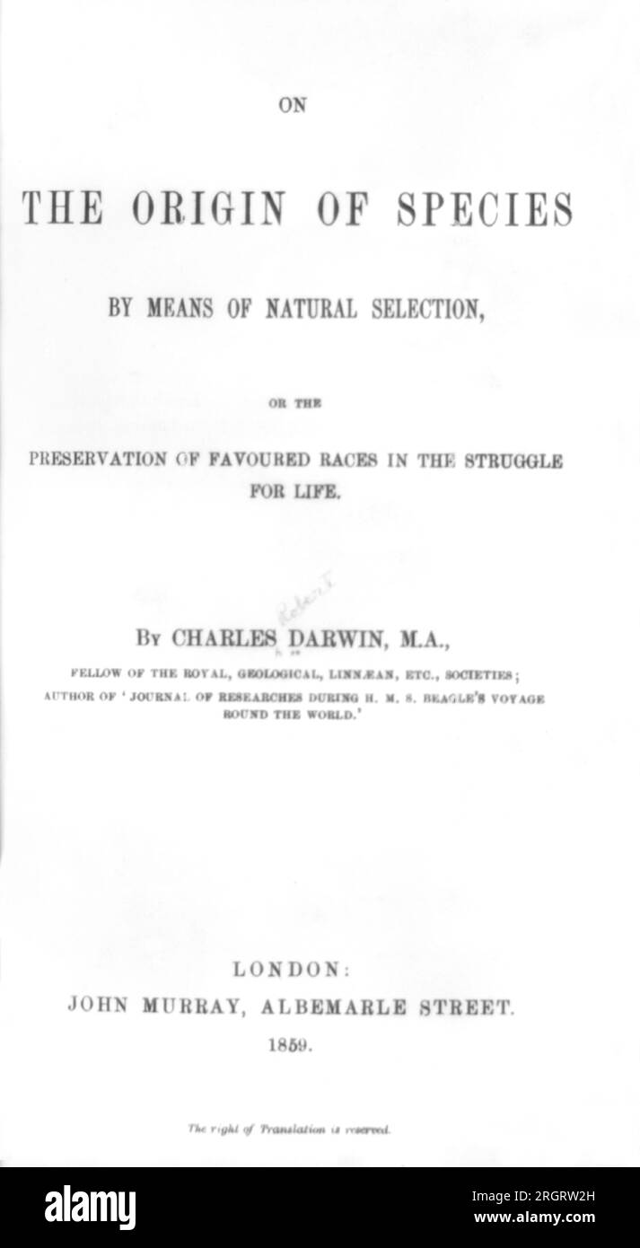 England: 1859 die Titelseite von "The Origin of species" von Charles Darwin. Stockfoto