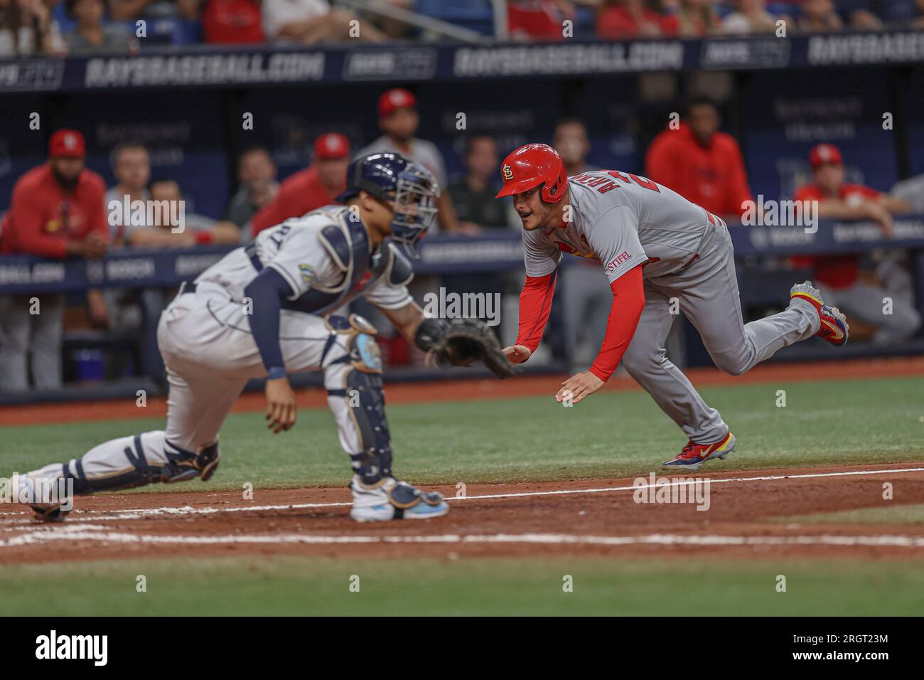 St. Petersburg, Florida, USA; St. Louis Cardinals dritter Baseman Nolan Arenado (28) ist zu Hause sicher unter dem Tag des Tampa Bay Rays Catcher Christian gleiten Stockfoto