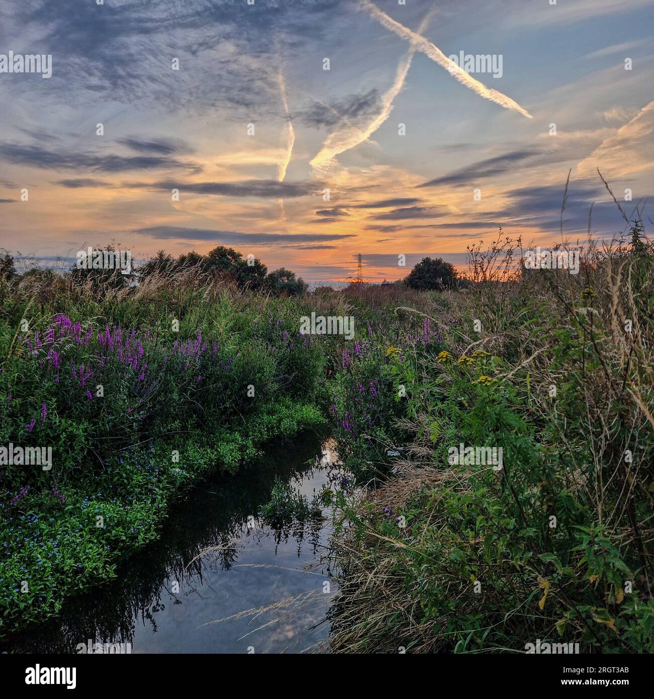 Die historische Stadt Burton-on-Trent wird von einem fesselnden bernsteinfarbenen Licht durchflutet, wenn die Sonne anmutig über den Horizont hinuntergeht. Die berühmten Wahrzeichen und Stockfoto