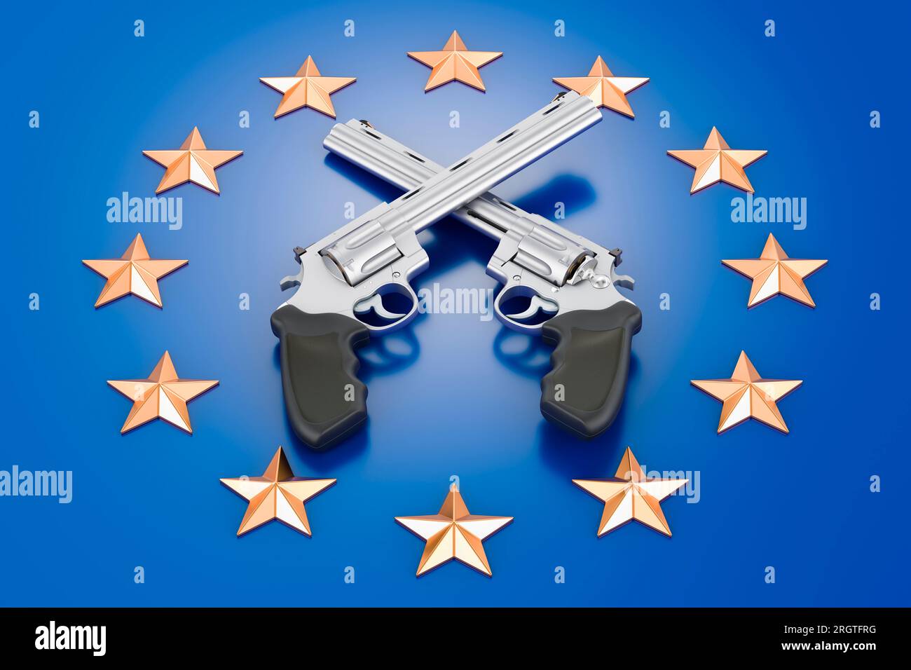 Revolver unter der Flagge der Europäischen Union. 3D-Rendering Stockfoto