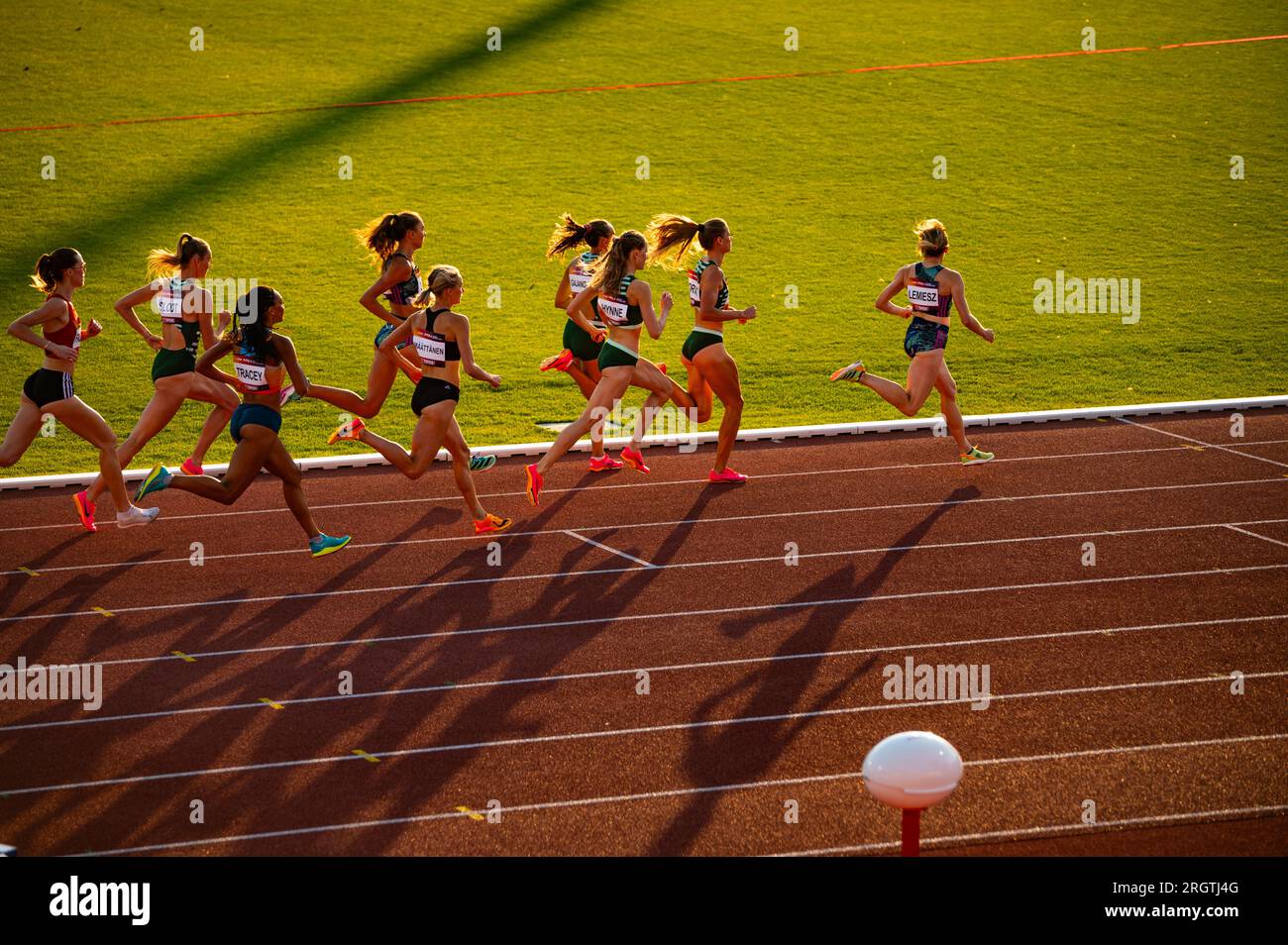 B. BYSTRICA, SLOWAKEI, 20. JULI 2023: Glowing Twilight Action: Women Participate in 800m Run inmitten der wunderschönen Sunset Illumination auf Track and Field C. Stockfoto