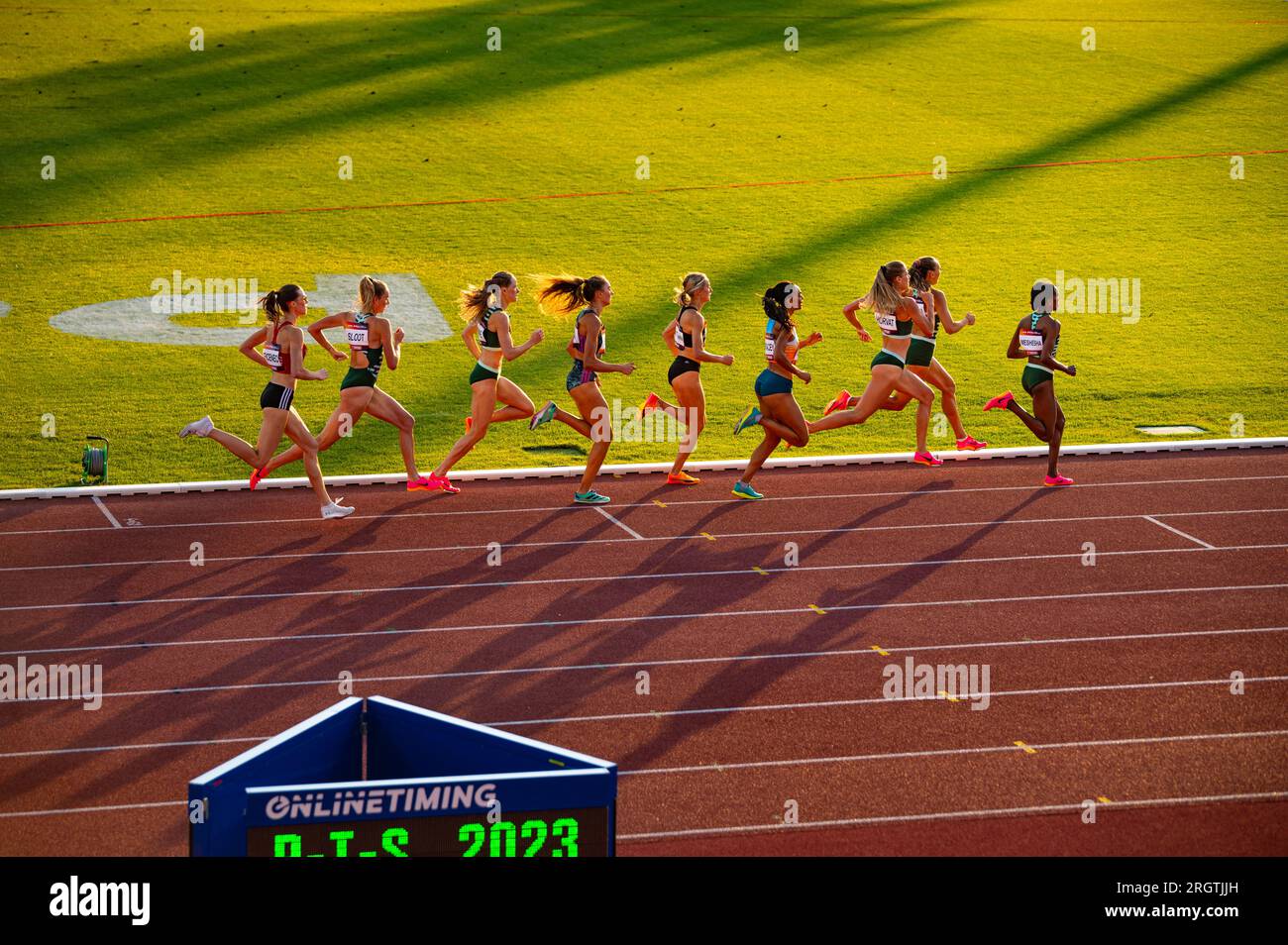 B. BYSTRICA, SLOWAKEI, 20. JULI 2023: Elegance in Motion: Weibliche Athleten führen 800m unter dem malerischen Sunset Light auf der Leichtathletik „Track and Field“ aus Stockfoto