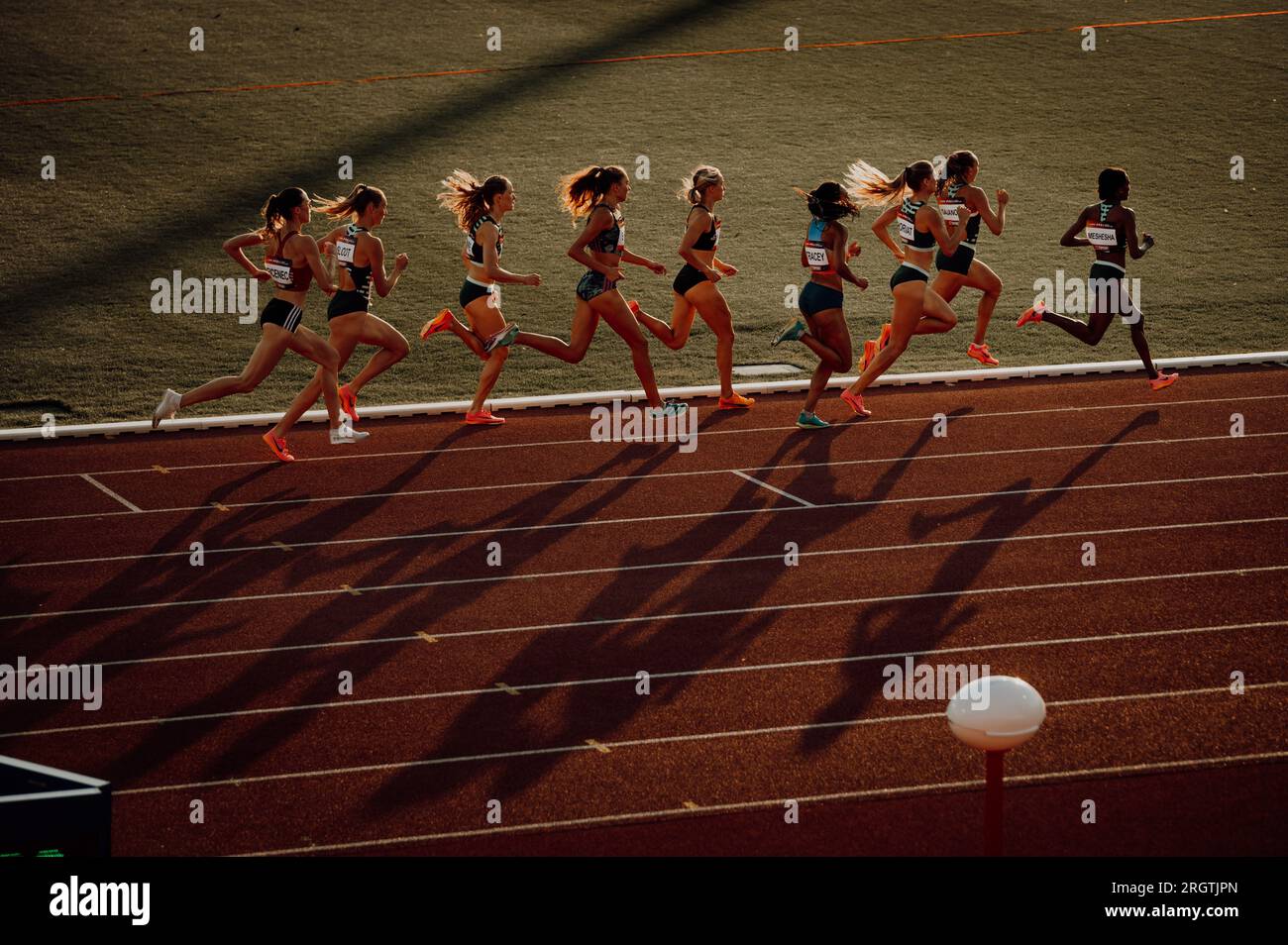 B. BYSTRICA, SLOWAKEI, 20. JULI 2023: Läuferinnen bemühen sich um das 800m-Rennen und baden in ruhiger Sunset Ambiance auf der Track and Field Platform for Worlds in Bud Stockfoto