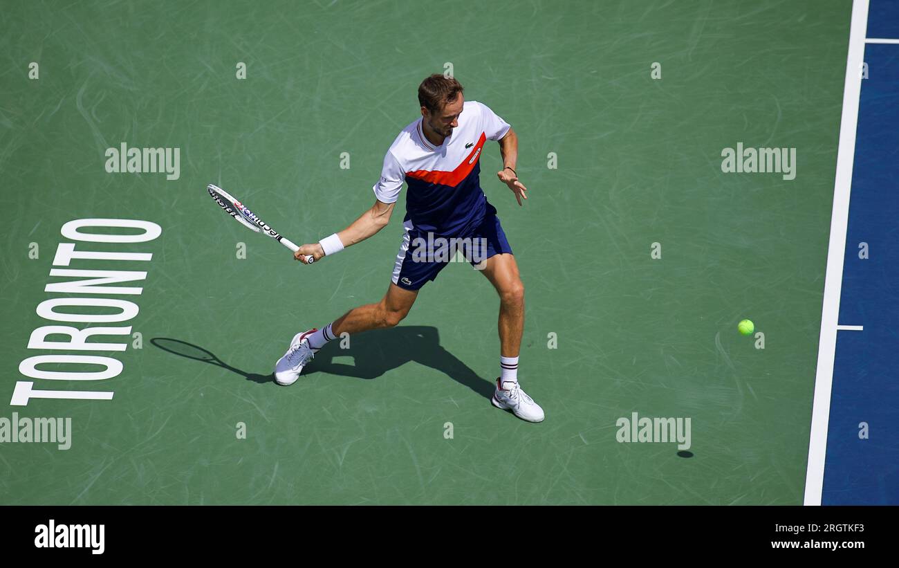 Daniil Medvedev aus Russland spielt am 7. Tag der 2023 National Bank Open in der Sobeys Arena am 11. August 2023 in Toronto, Ontario, Kanada, im Viertelfinale seiner Männer gegen Alex de Minaur aus Australien. Kredit: Anil Mungal/AFLO/Alamy Live News Stockfoto