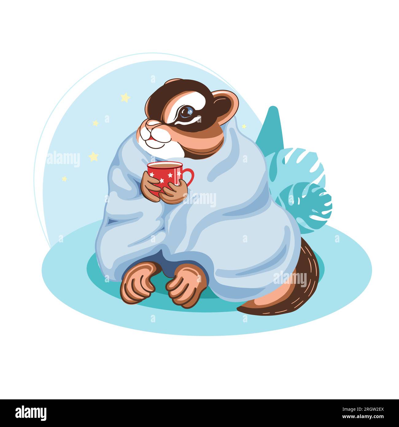 Süße kindische Illustration. Streifenhörnchen in einer Decke mit einem Becher Kakao. Abbildung in blauen Farben. Für Kinderzimmer, Poster, Aufkleber, Postkarten, Ausdrucke Stock Vektor