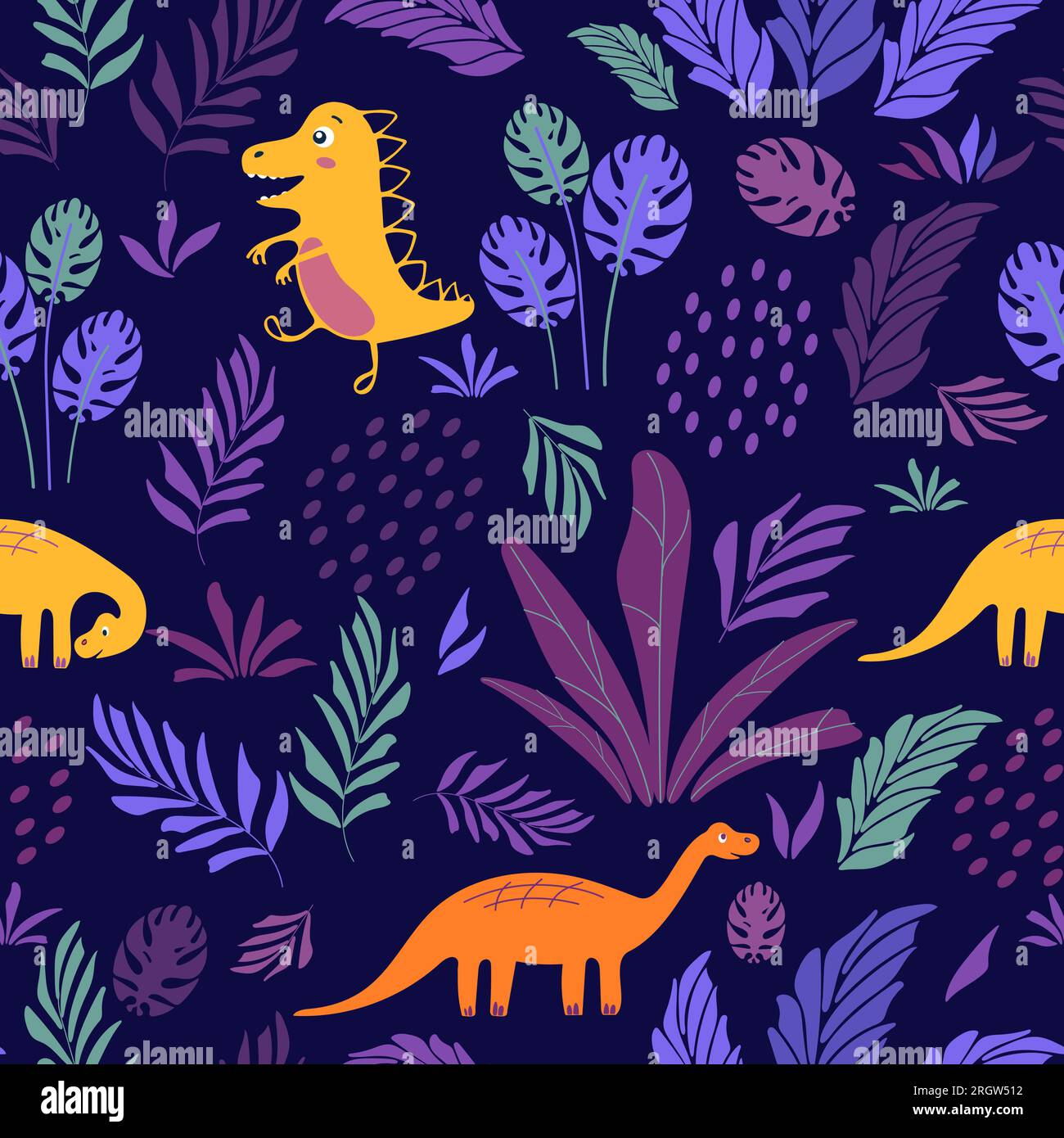 Leuchtender Sommer, süßes Kindermuster. Lustige Dinosaurier, tropische Pflanzen, Palmen, Monstera Farn. Vektordarstellung im Cartoon-Stil. Zum Bedrucken von Fabri Stock Vektor