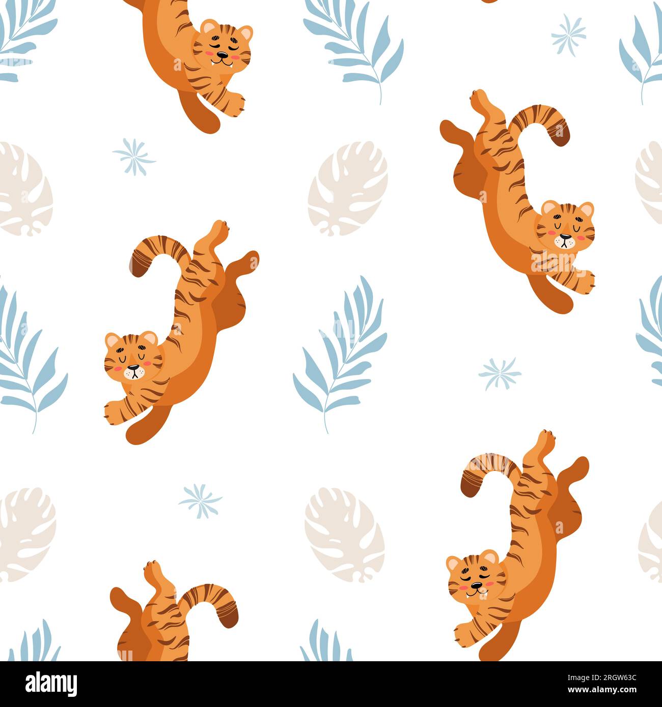 Helles tropisches Nahtmuster für den Sommer. Süßer Tiger, Palmenblätter, Kindervektorzeichnung, Cartoon-Stil. Für Kinderzimmer, Poster, Abdrücke auf Stoff. Stock Vektor