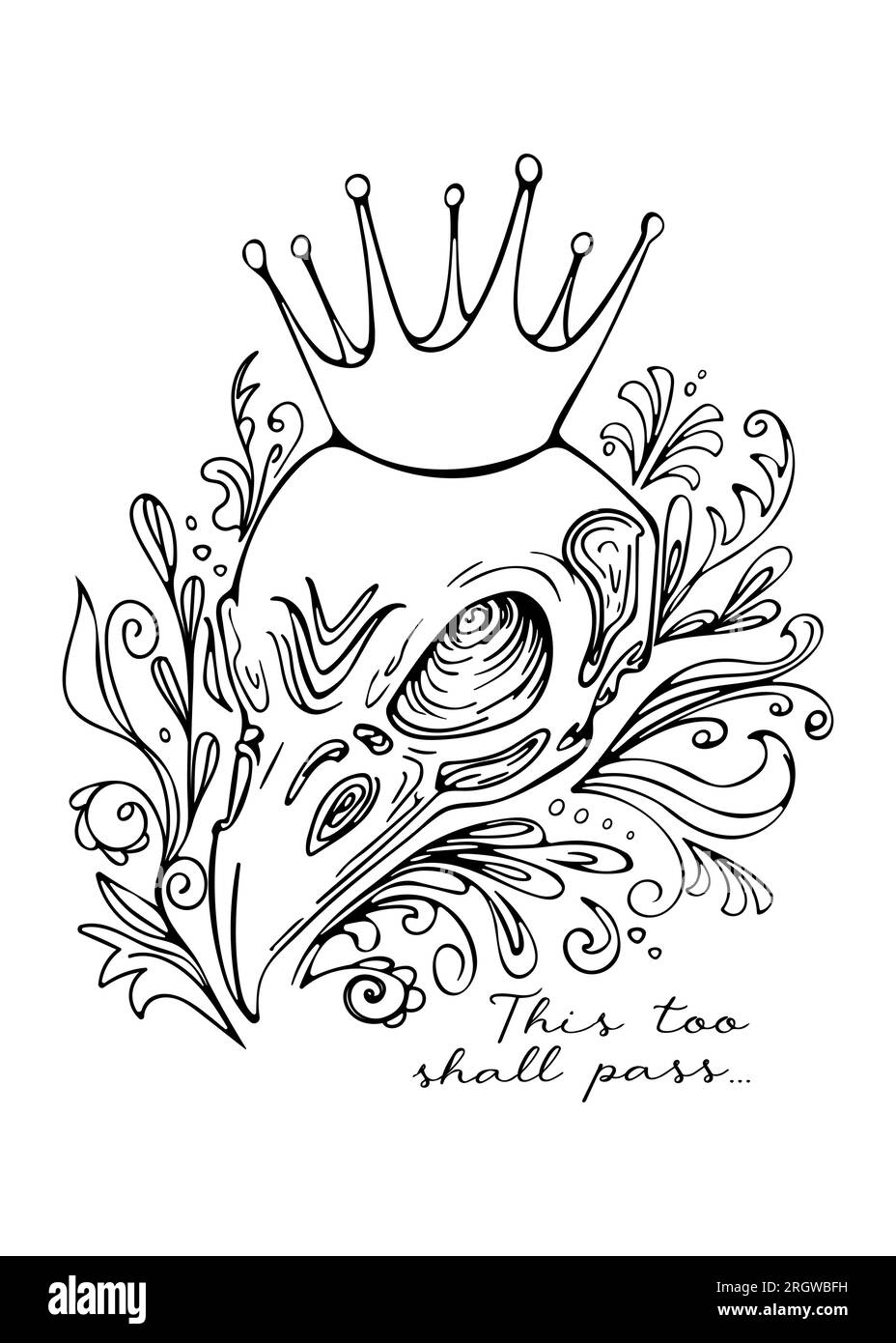 Stilvolle Vintage-Grafik für halloween. Raven Schädel in Krone, Blumen, Gras. Das Konzept der Endlichkeit des Seins. Für Plakate, Postwagen Stock Vektor