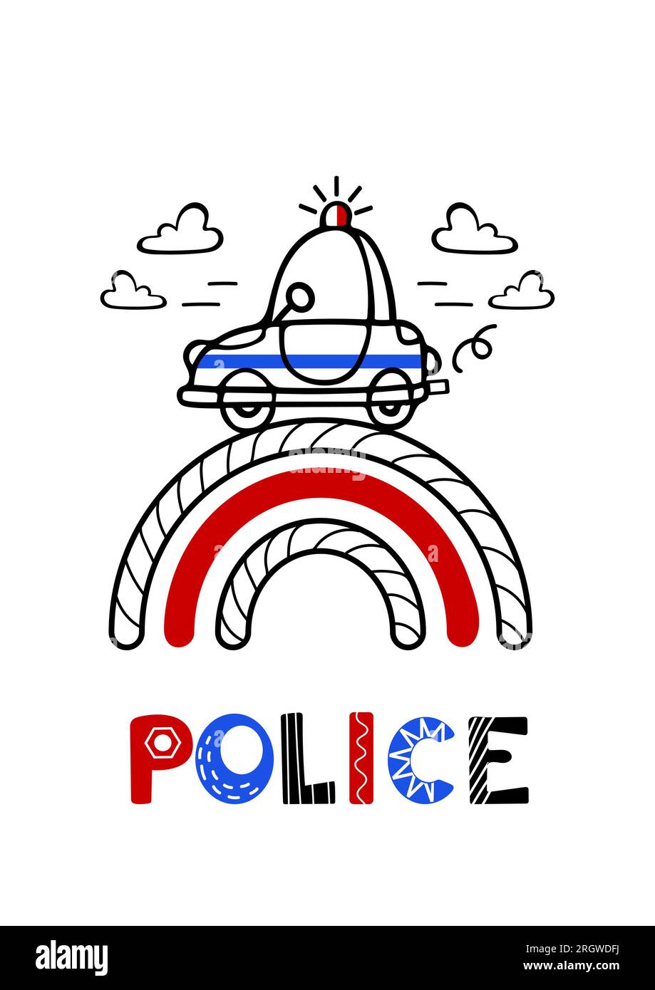 Der Polizeiwagen hat es eilig zu helfen. Süße Vektorgrafik für Kinder im skandinavischen Stil. Schriftzeichen. Handgezeichnet, rot-blau und schwarz. Fo Stock Vektor