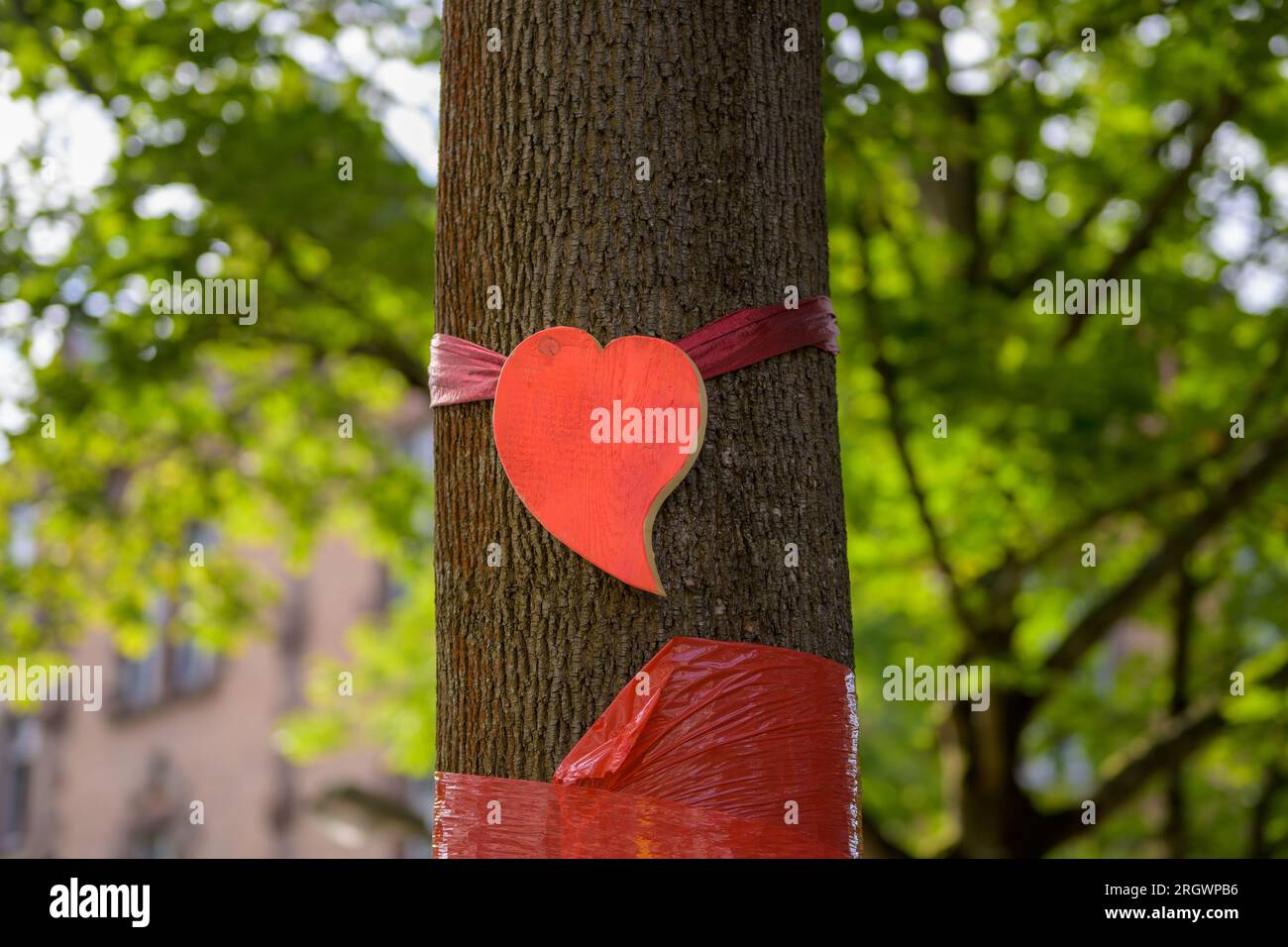 Nahaufnahme eines Baumes in der Stadt mit rotem Herz und rotem Band als Zeichen zur Rettung der Bäume Stockfoto