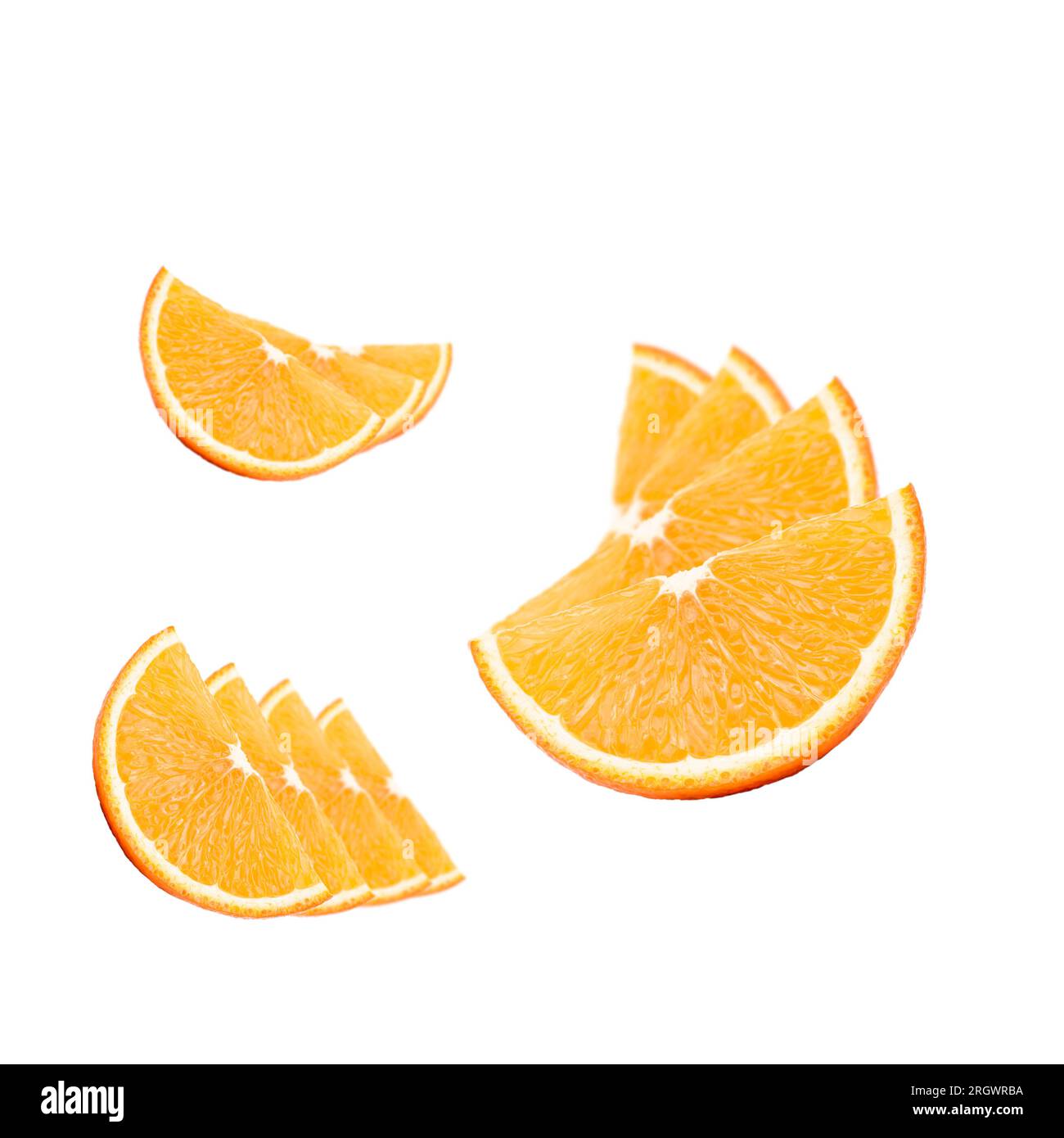 Sammlung von Orangenfrüchten isoliert auf weißem Hintergrund Stockfoto