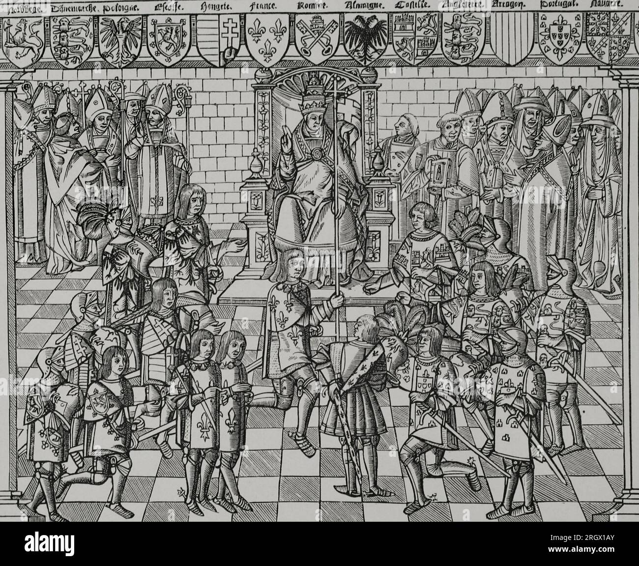 Papst Urban II (1042-1099) predigt im Rat von Clermont. Er wurde im November 1095 einberufen und löste den ersten Kreuzzug aus, indem er den Muslimen den heiligen Krieg (Bellum sacrum) zur Befreiung des Heiligen Landes erklärte. Fax einer Gravur von „Grand Voyage de Hierusalem“, gedruckt in Paris im Jahr 1522. "Vie Militaire et Religieuse au Moyen Age et à l'Epoque de la Renaissance". Paris, 1877. Stockfoto