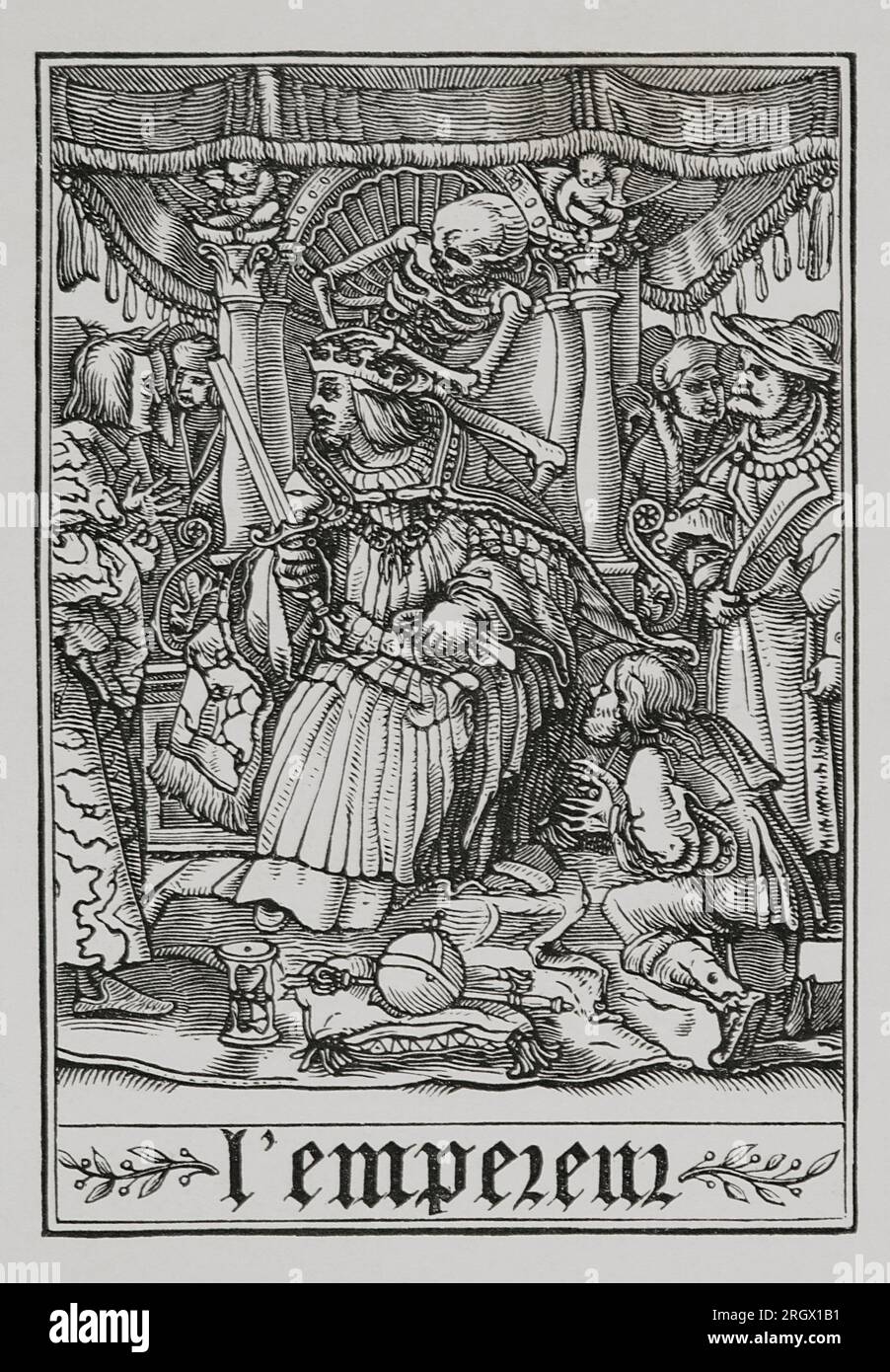 Der Kaiser, der vom Tod besucht wurde. Eine Gravur in der Serie „der Tanz des Todes“ von Hans Holbein dem Jüngeren, in „Les Simulachres et Histoires facées de la Mort“, 1538. "Vie Militaire et Religieuse au Moyen Age et à l'Epoque de la Renaissance". Paris, 1877. Stockfoto