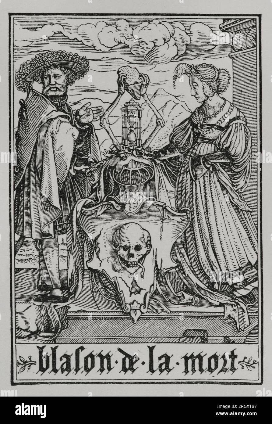 Das Wappen des Todes. Ein Ehepaar, das dem Adel gehört, zeigt das Emblem des Todes. Eine Kopie einer Gravur aus der Serie „der Tanz des Todes“ von Hans Holbein dem Jüngeren, in „Les Simulachres et Histoires facées de la Mort“, 1538. "Vie Militaire et Religieuse au Moyen Age et à l'Epoque de la Renaissance". Paris, 1877. Stockfoto