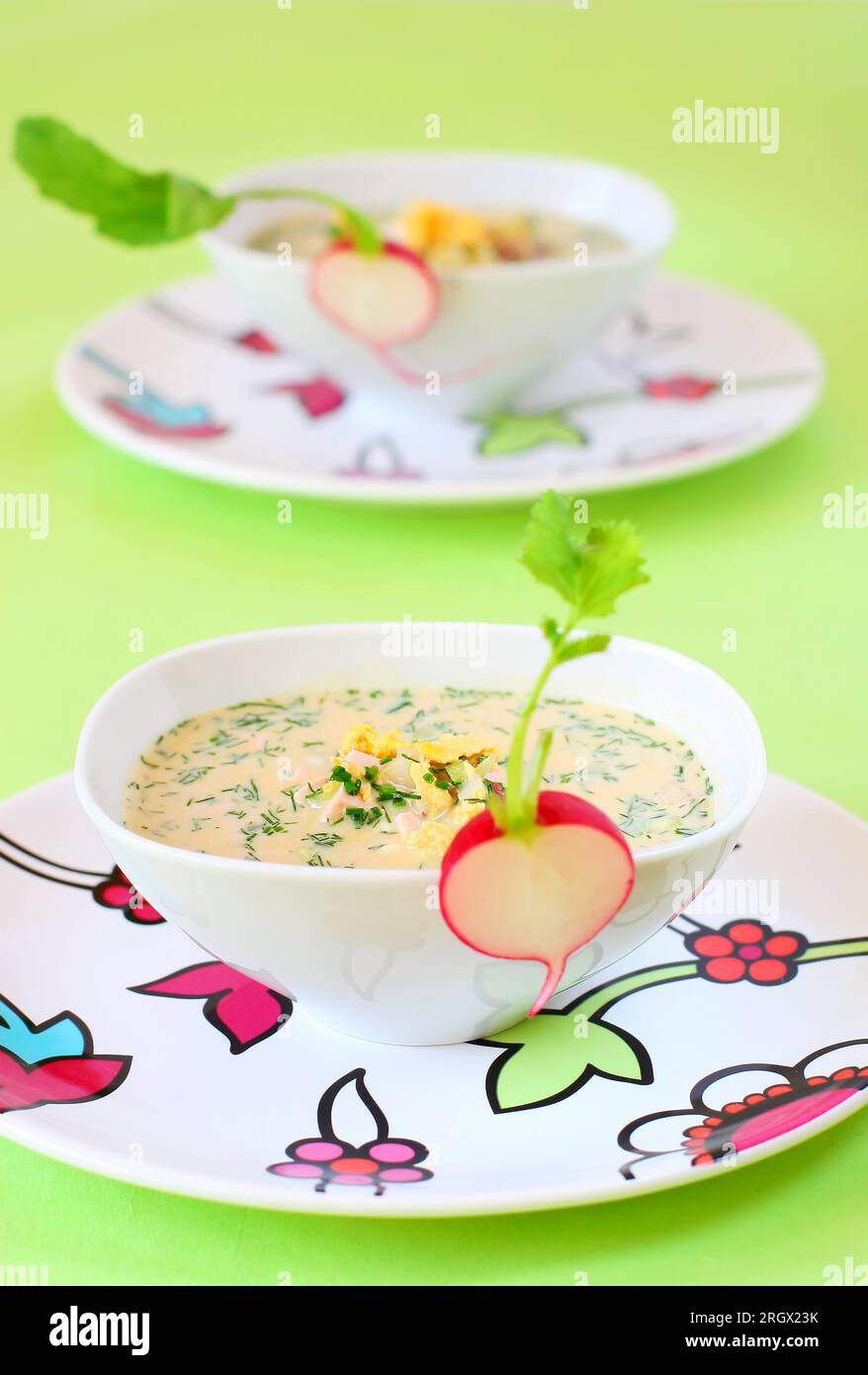 Sommerliche kalte Suppe (Oroshka) mit Gemüse, Fleisch und Eiern Stockfoto