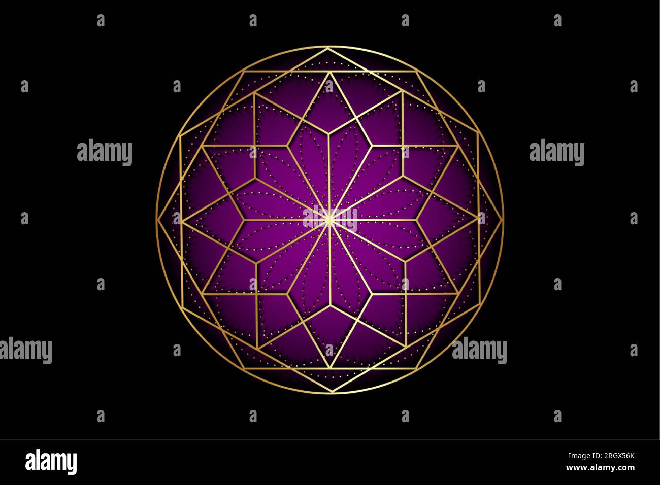 Goldmandala mit heiliger uralter Geometrie. Chakra Symbole, Sahasrara, Violett Farbe, Krone Chakra. Alchemie, Religion, Philosophie, Spiritualität Stock Vektor