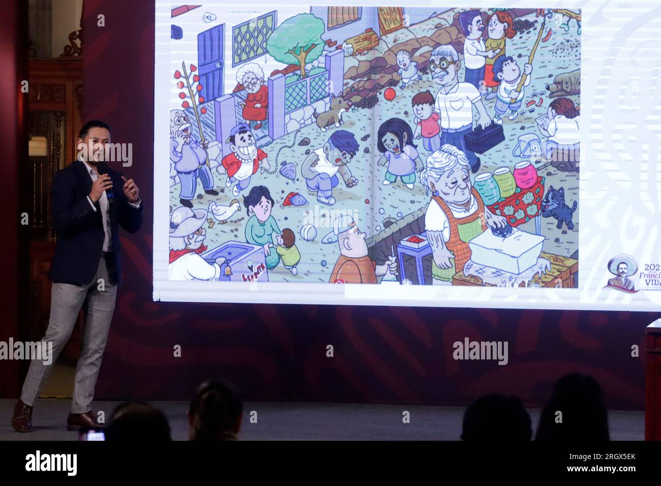 Nicht exklusiv: 11. August 2023, Mexiko-Stadt, Mexiko: Crystian Meza, Lehrer vor der dritten Klasse während der Präsentation des freien Textes Stockfoto