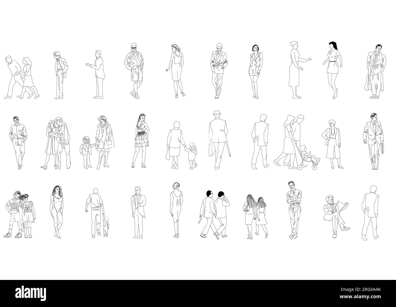 Zeigen Sie Menschen, die Männer-Frauen-Vektorbilder zeichnen. Isolierte grafische Personen isolierte Skizzen Einfachheit von Menschen gezeichnete durchgehende Linien. Stock Vektor