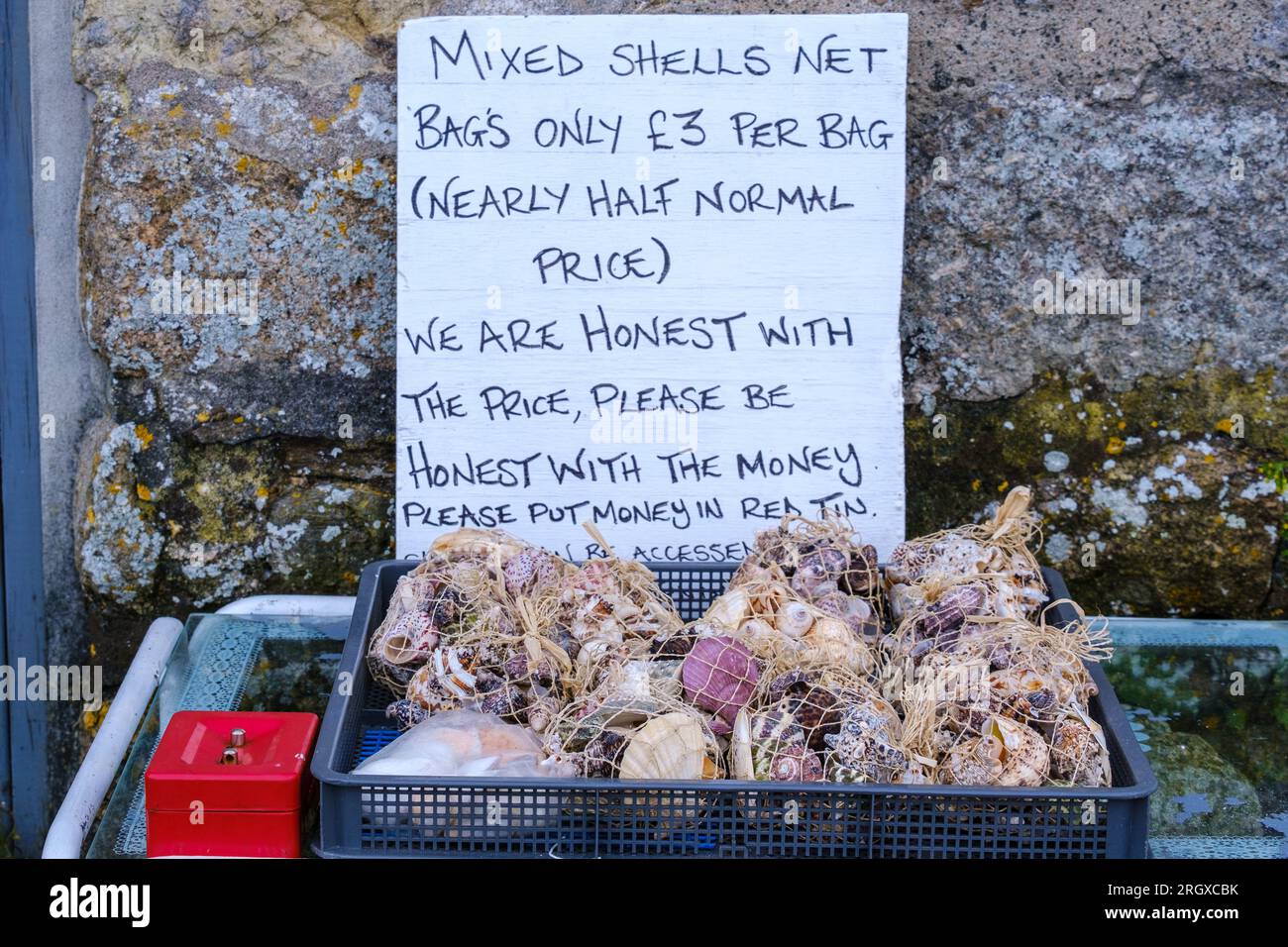 Tisch mit Netzsäcken mit verschiedenen Muscheln mit Schild und roter Blechdose. Stockfoto