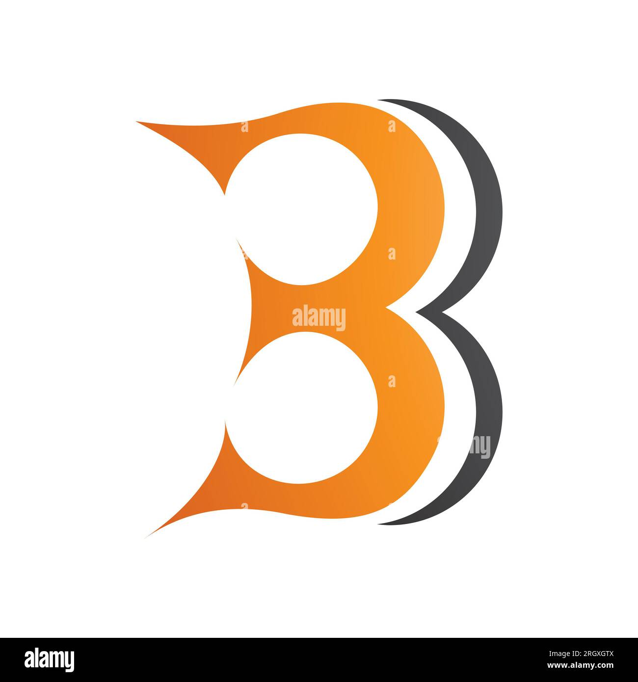 Orangefarbenes und schwarzes, kurvenförmiges Buchstabe-B-Symbol ähnlich der Zahl 3 auf weißem Hintergrund Stockfoto