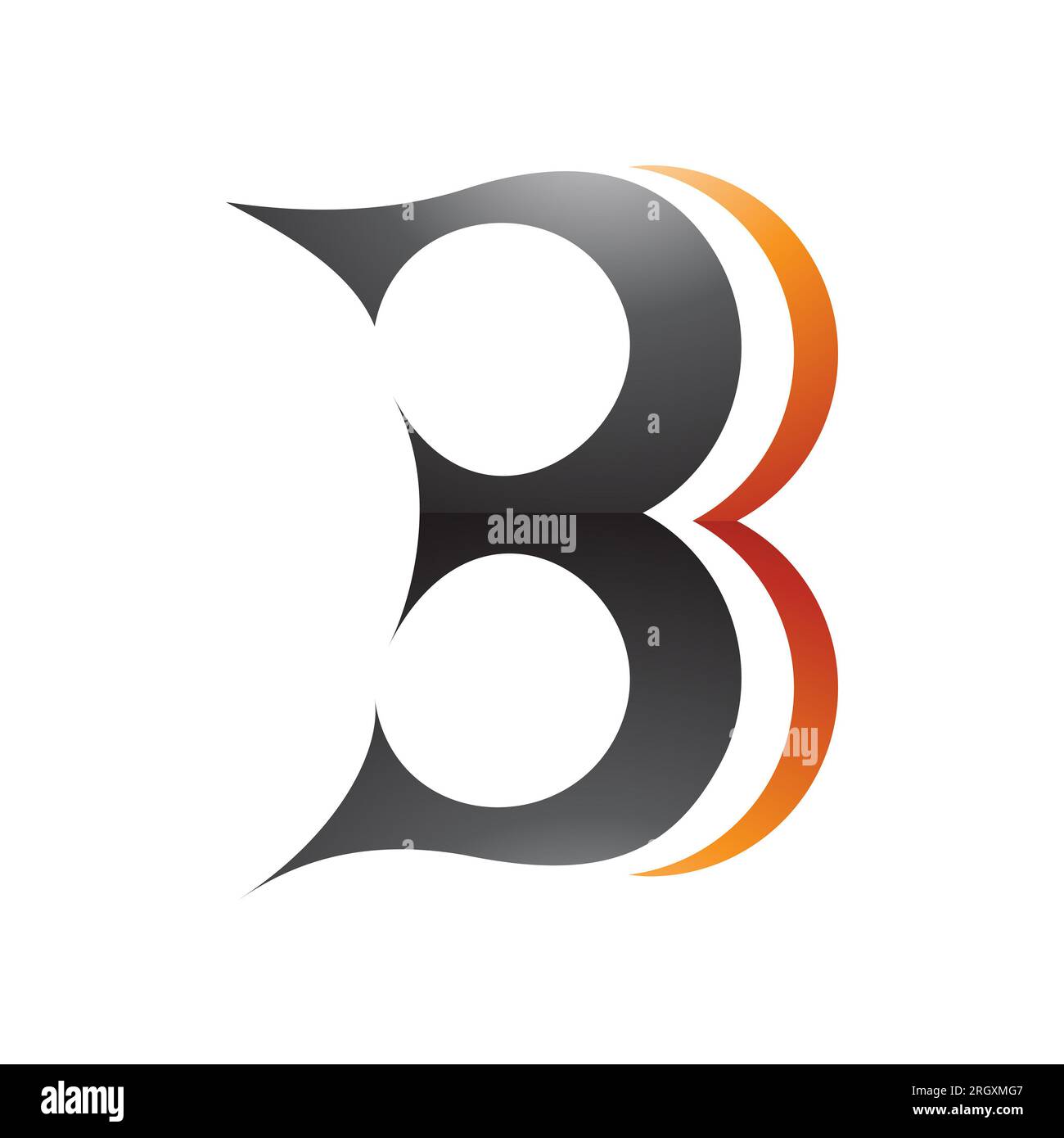 Schwarzes und orangefarbenes kurvenförmiges Glanzbuchstabensymbol B ähnlich der Zahl 3 auf weißem Hintergrund Stockfoto