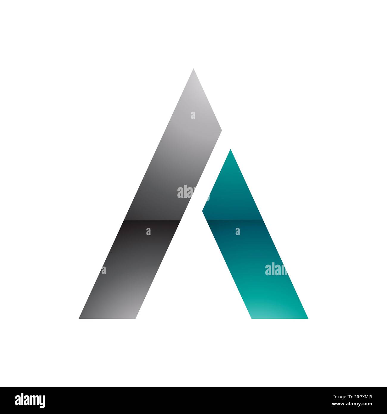 Schwarzer und grüner, trapezförmiger Glanzbuchstabe Ein Symbol auf weißem Hintergrund Stockfoto