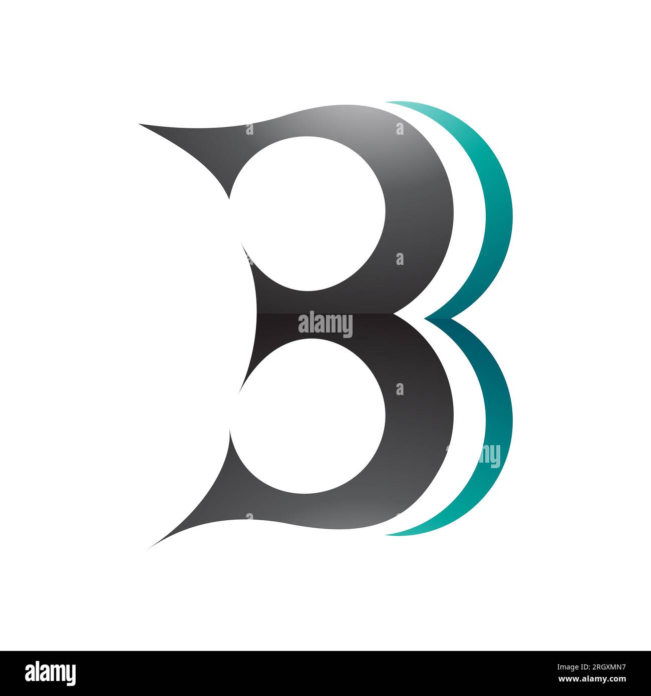 Schwarzes und persisches grünes kurviges Glanzbuchstabensymbol B, das der Zahl 3 auf weißem Hintergrund ähnelt Stockfoto