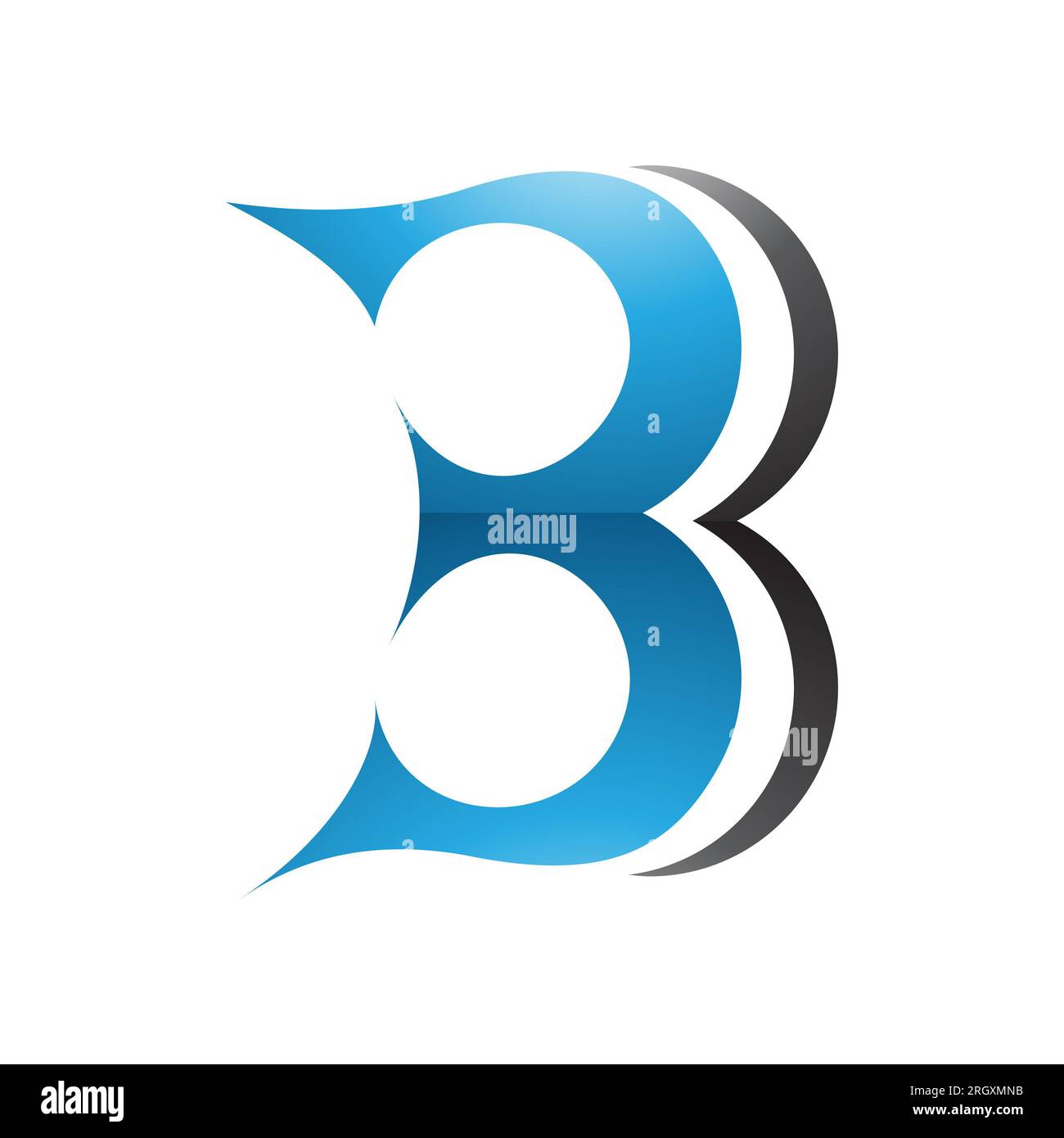 Blaues und schwarzes kurvenförmiges Symbol mit dem glänzenden Buchstaben B, das der Zahl 3 auf weißem Hintergrund ähnelt Stockfoto