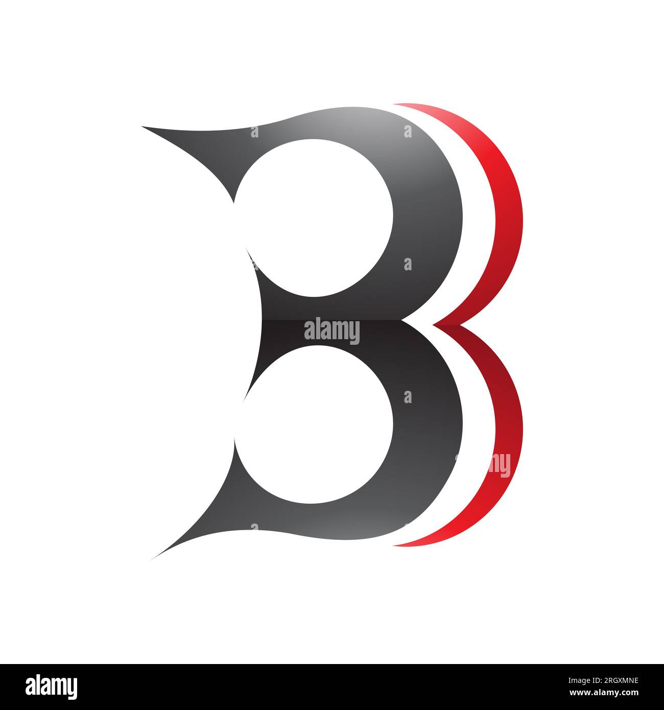 Schwarzes und rotes kurvenförmiges Symbol mit dem glänzenden Buchstaben B, das der Zahl 3 auf weißem Hintergrund ähnelt Stockfoto