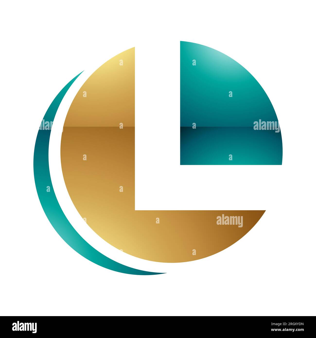 Persisches Grün- und goldenes kreisförmiges L-Symbol auf weißem Hintergrund Stockfoto
