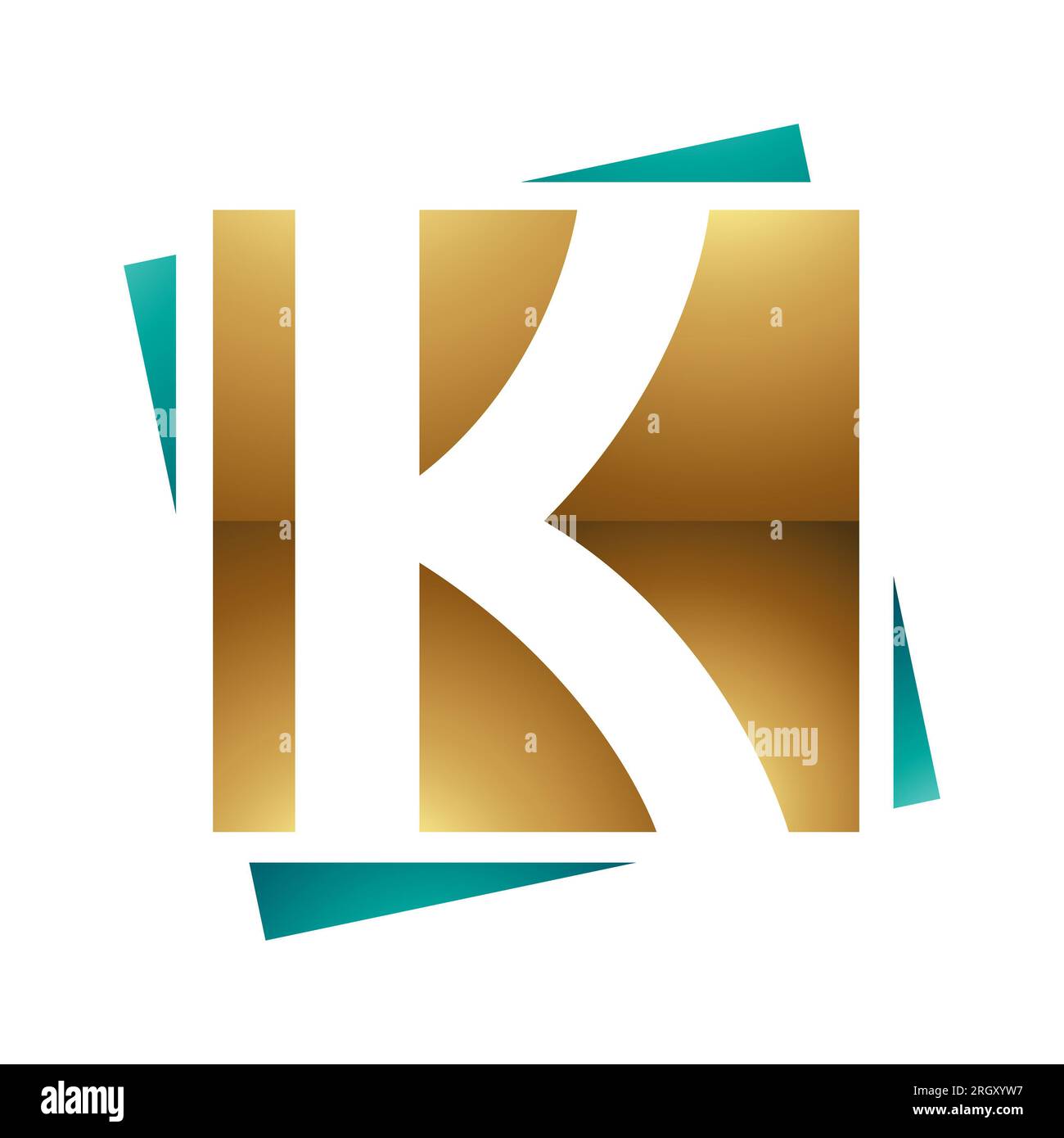 Persisch Grün und Gold glänzender quadratischer Buchstabe K auf weißem Hintergrund Stockfoto