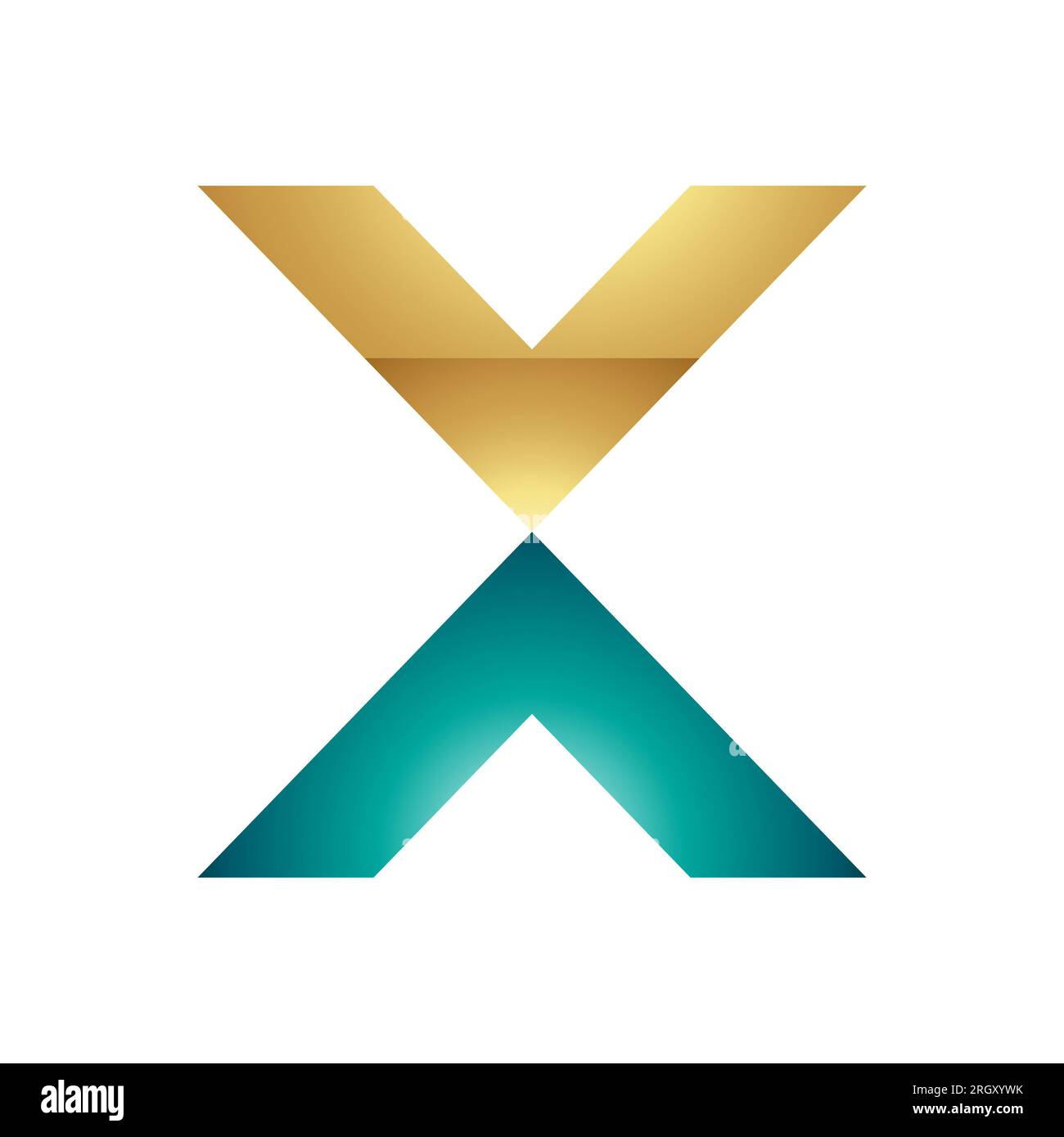 Persisch Grün und Gold Hochglanz-V-förmiges X-Symbol auf weißem Hintergrund Stockfoto
