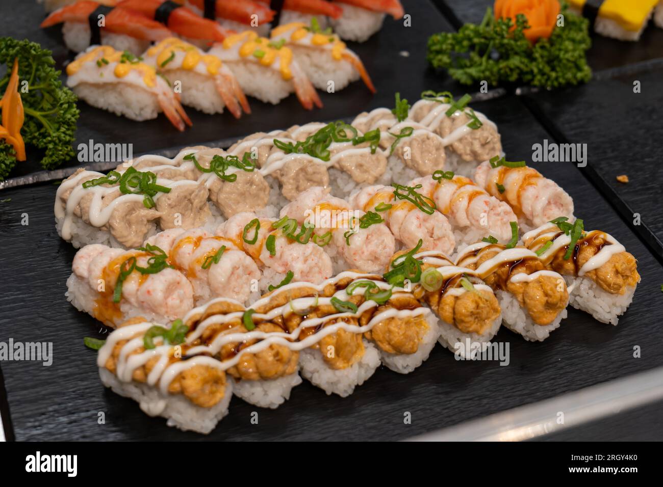 Eine andere Art von sushis auf einem Tablett. Stockfoto