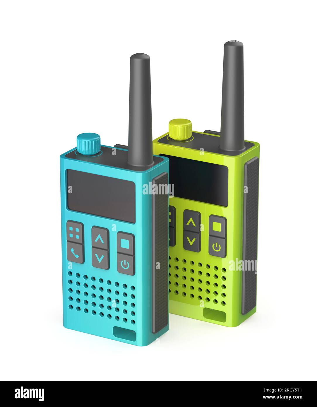 Set mit zwei verschiedenen Walkie-Talkies in verschiedenen Farben auf weißem Hintergrund Stockfoto