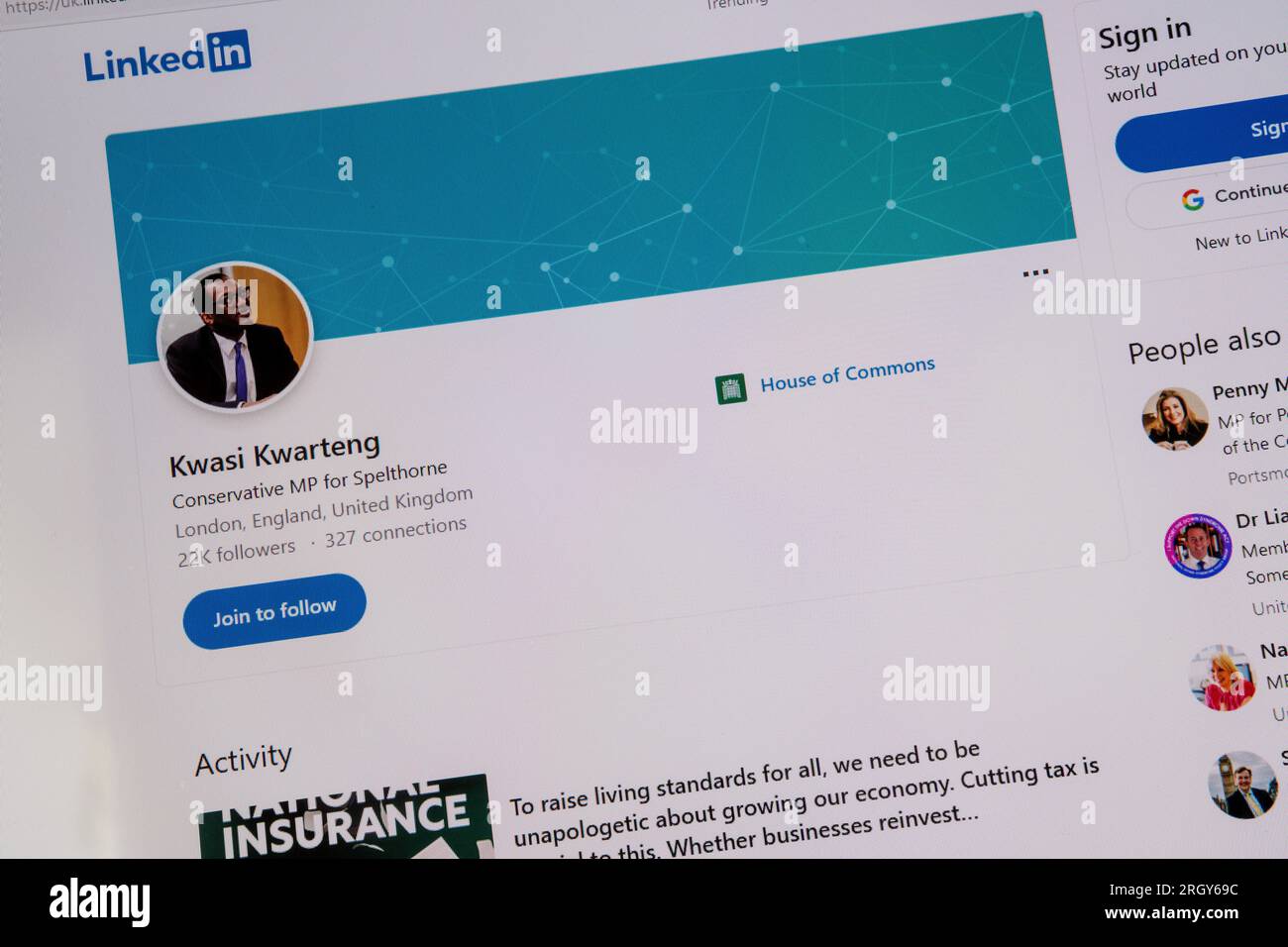 Der LinkedIn-Standort von Kwasi Kwarteng, dem ehemaligen Schatzkanzler. MP für Spelthorne. Stockfoto