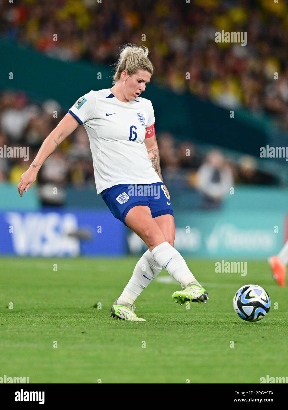 Sydney, Australien. 12. Aug. 2023. Die Fußballnationalmannschaft Millie Bright of England ist während des FIFA Women's World Cup 2023 zwischen England und Kolumbien im Stadium Australia in Aktion zu sehen. Finale: England 2:1 Kolumbien (Foto: Luis Veniegra/SOPA Images/Sipa USA) Gutschrift: SIPA USA/Alamy Live News Stockfoto