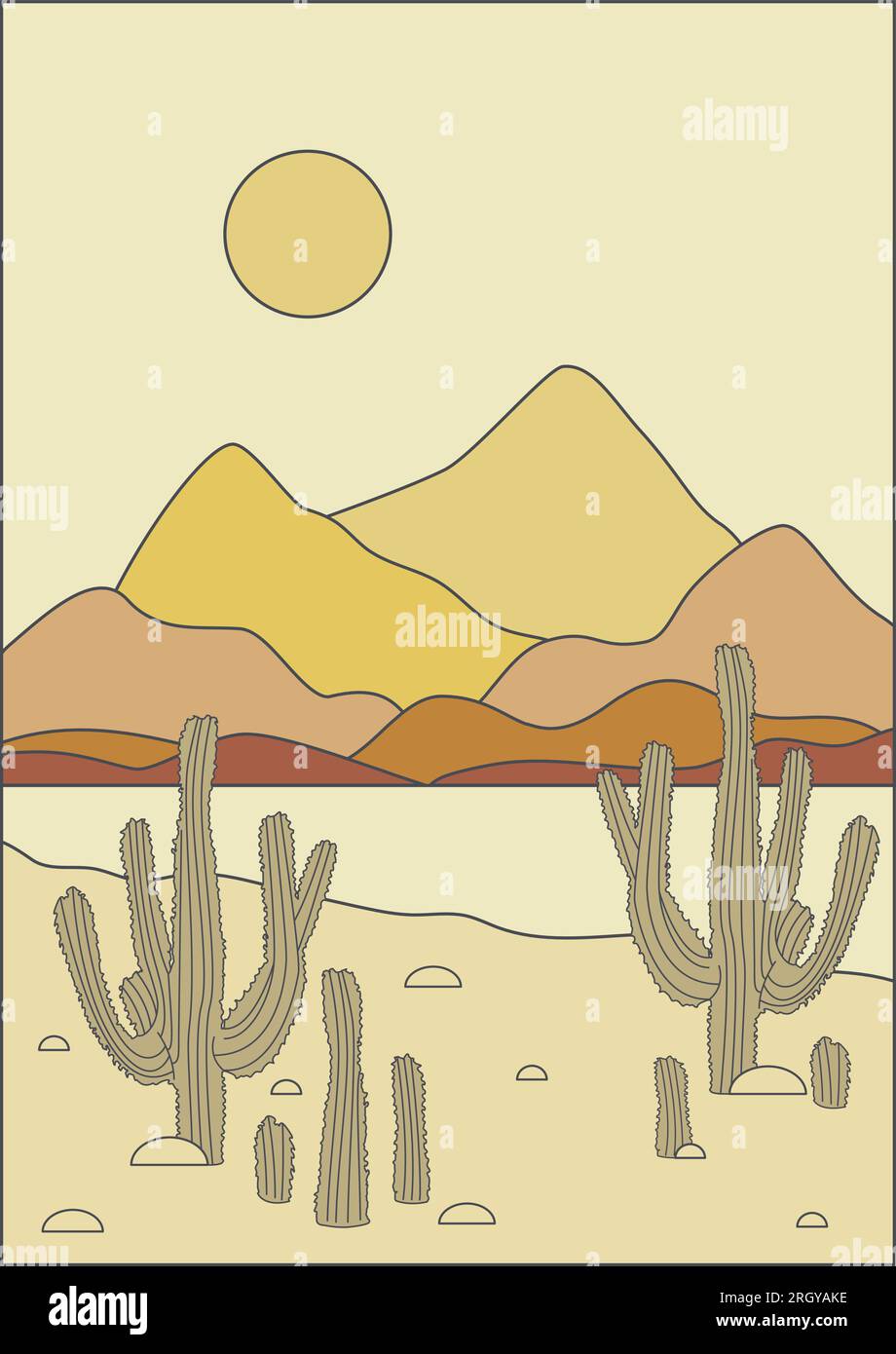 Ästhetische Wüstenlandschaft mit Kaktusbusch-Illustration Stock Vektor