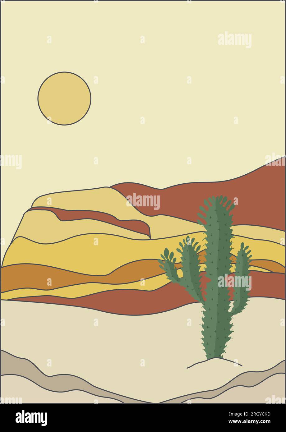 Ästhetische Wüstenlandschaft mit Kaktusbusch-Illustration. Boho-Wanddekor. Stock Vektor