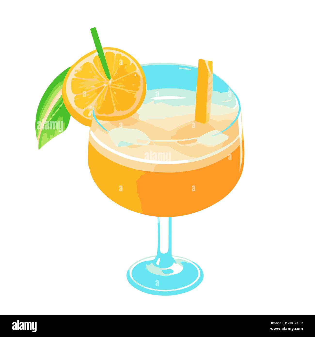Tropischer fruchtiger gelber Cocktail aus Orange, Mango, Ananas, Banane, Passionsfrucht, Melone. Stängelglas mit Saft, Stroh, Orangenscheibe und Minzblatt. V Stock Vektor