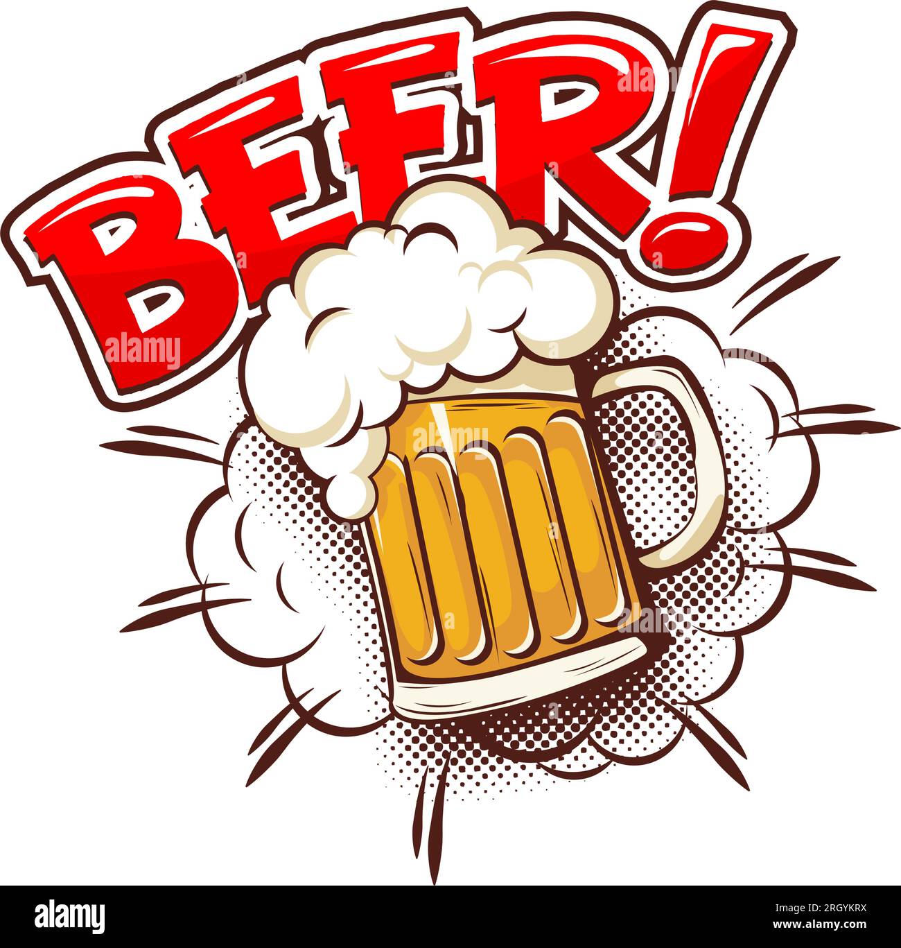 Sommervorlage mit einem Becher Bier und Sonne im Comic-Stil. Vektor auf transparentem Hintergrund Stock Vektor