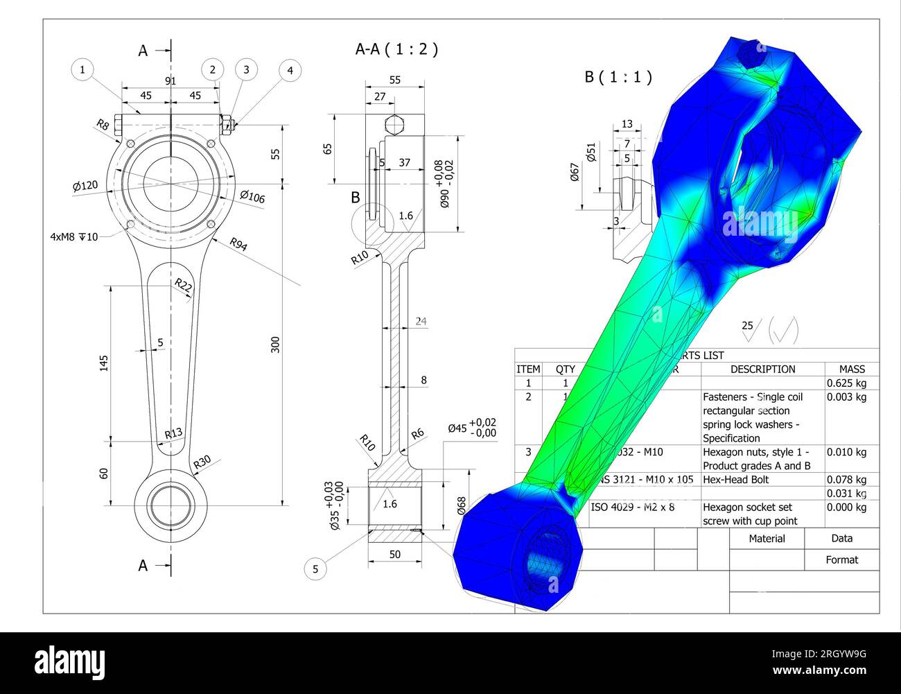 Finite-Elemente-Methode, FEM, Analyse Pleuelstangenkurbel auf Reibung und Kräfte in hin- und Herbewegung in Rotation umgewandelt Stockfoto
