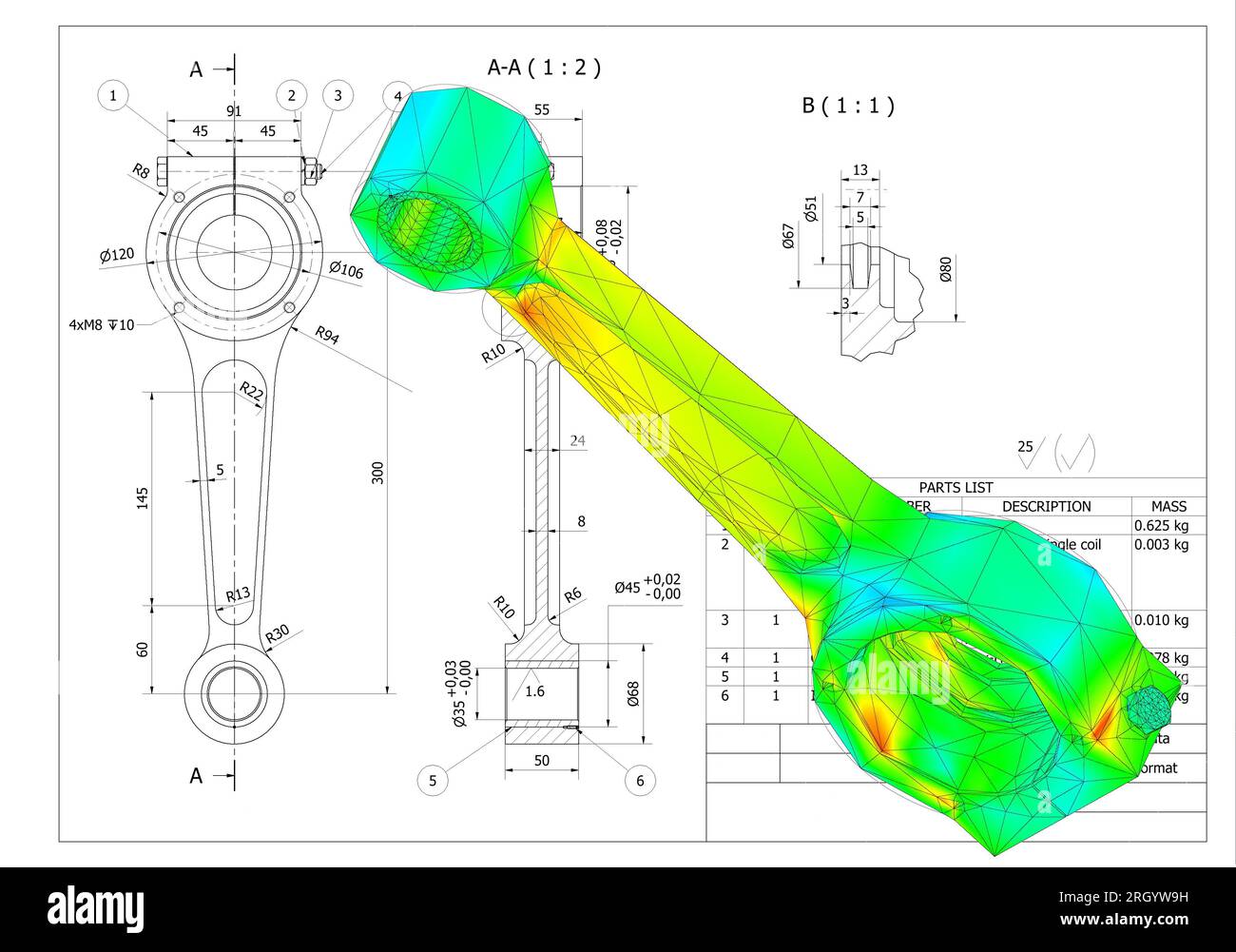 Finite-Elemente-Methode, FEM, Analyse Pleuelstangenkurbel auf Reibung und Kräfte in hin- und Herbewegung in Rotation umgewandelt Stockfoto