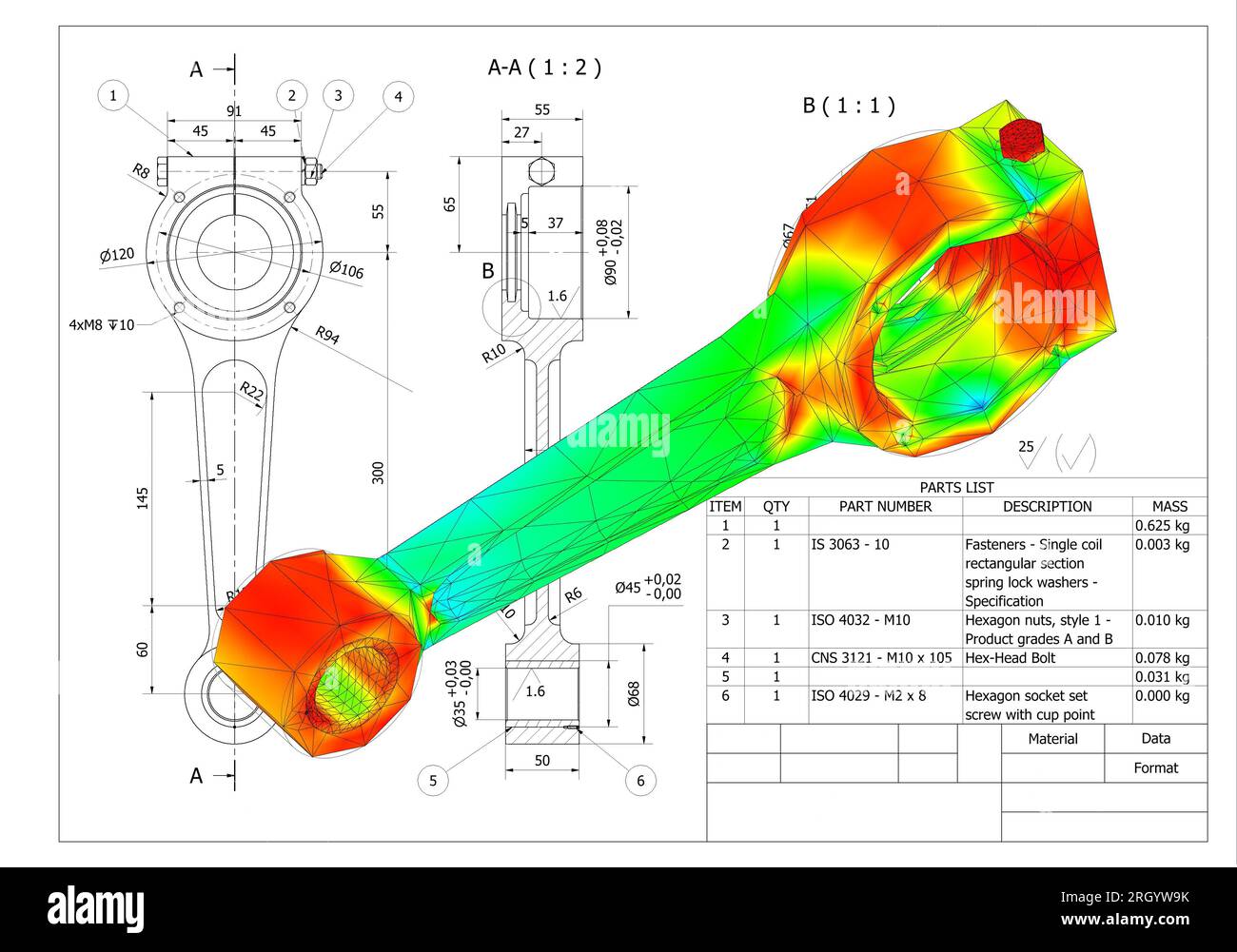 Finite-Elemente-Methode, FEM, Analyse Pleuelstangenkurbel auf Reibung und Kräfte in hin- und Herbewegung in Rotation umgewandelt Stockfoto