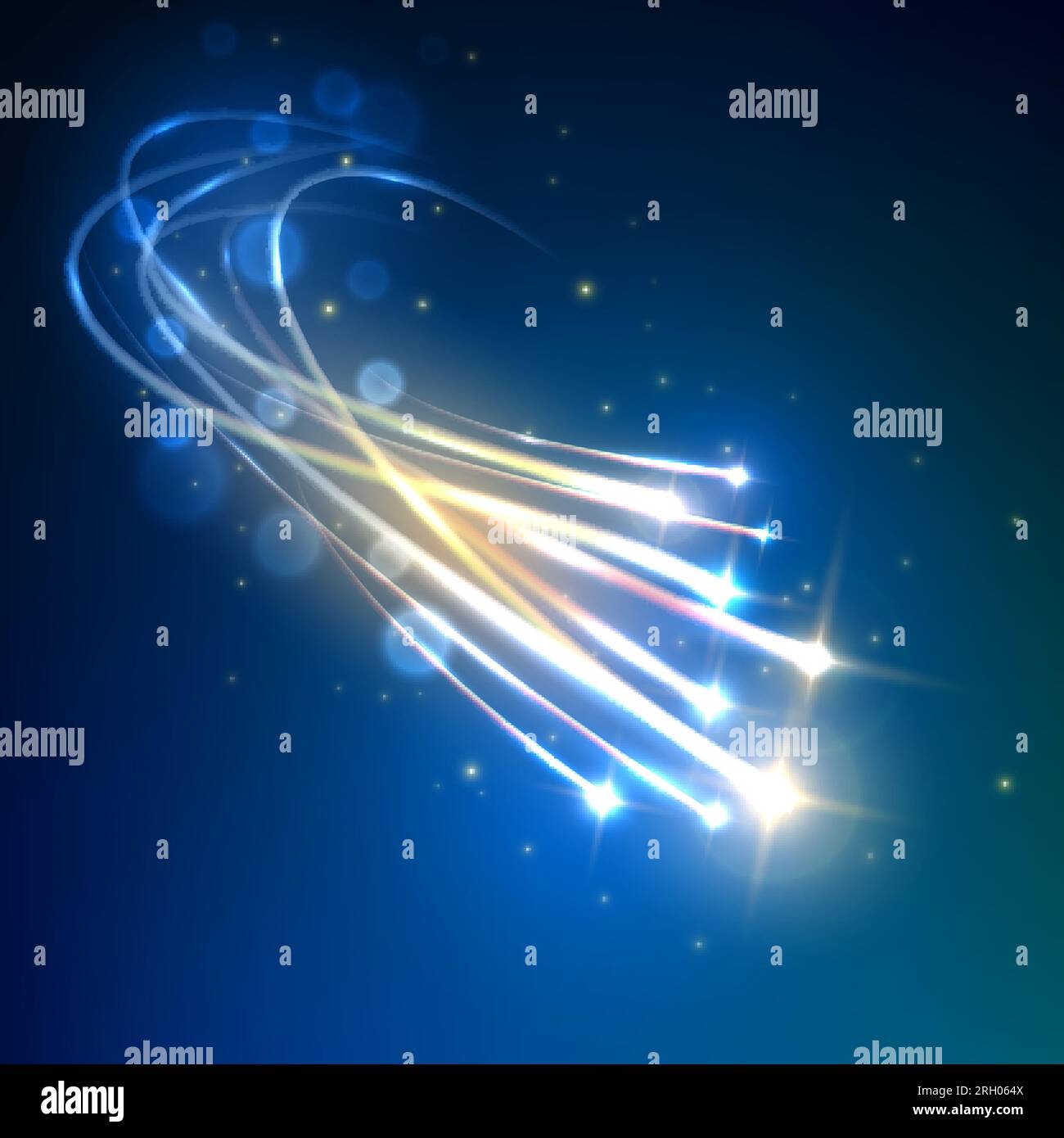Sternschnuppen am dunklen Nachthimmel. Leuchtende Meteore, die mit leuchtend leuchtenden Bewegungsspfaden unter dem blauen Sternenhimmel von Mitternacht abfliegen Stock Vektor