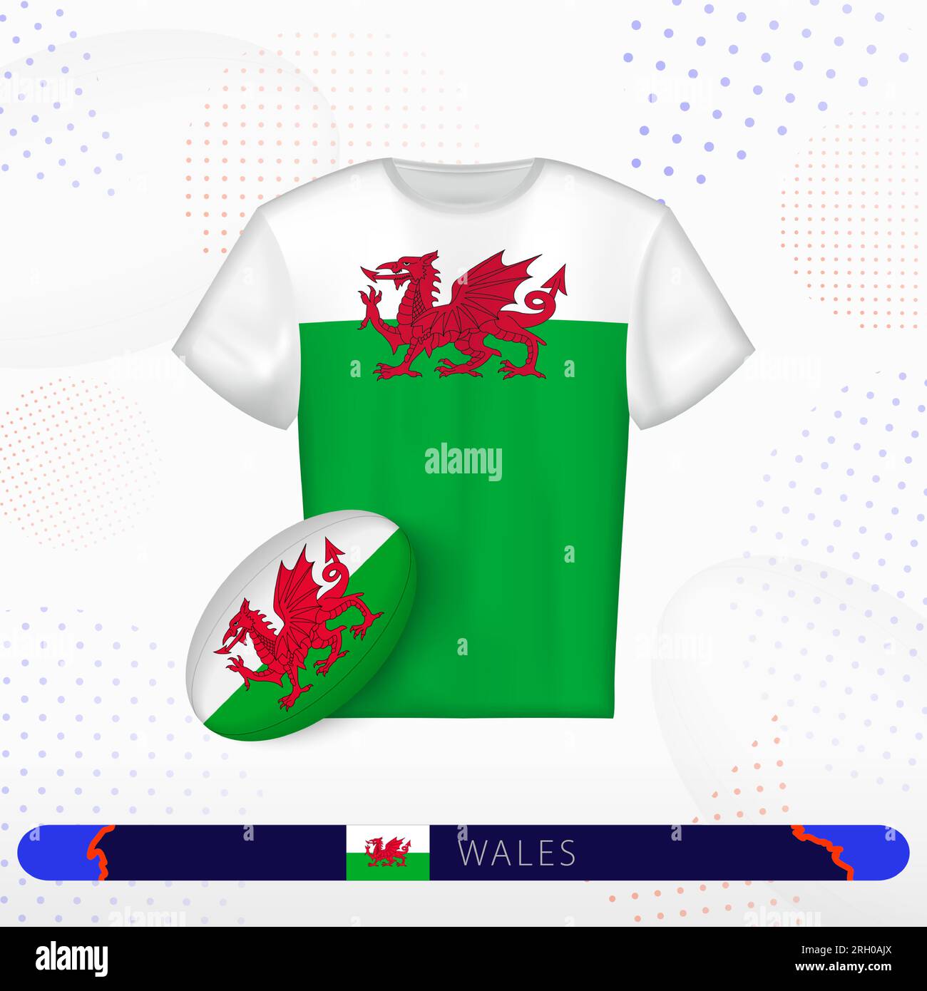 Wales Rugby-Trikot mit Rugby-Ball von Wales auf abstraktem Sporthintergrund. Jersey-Design. Stock Vektor