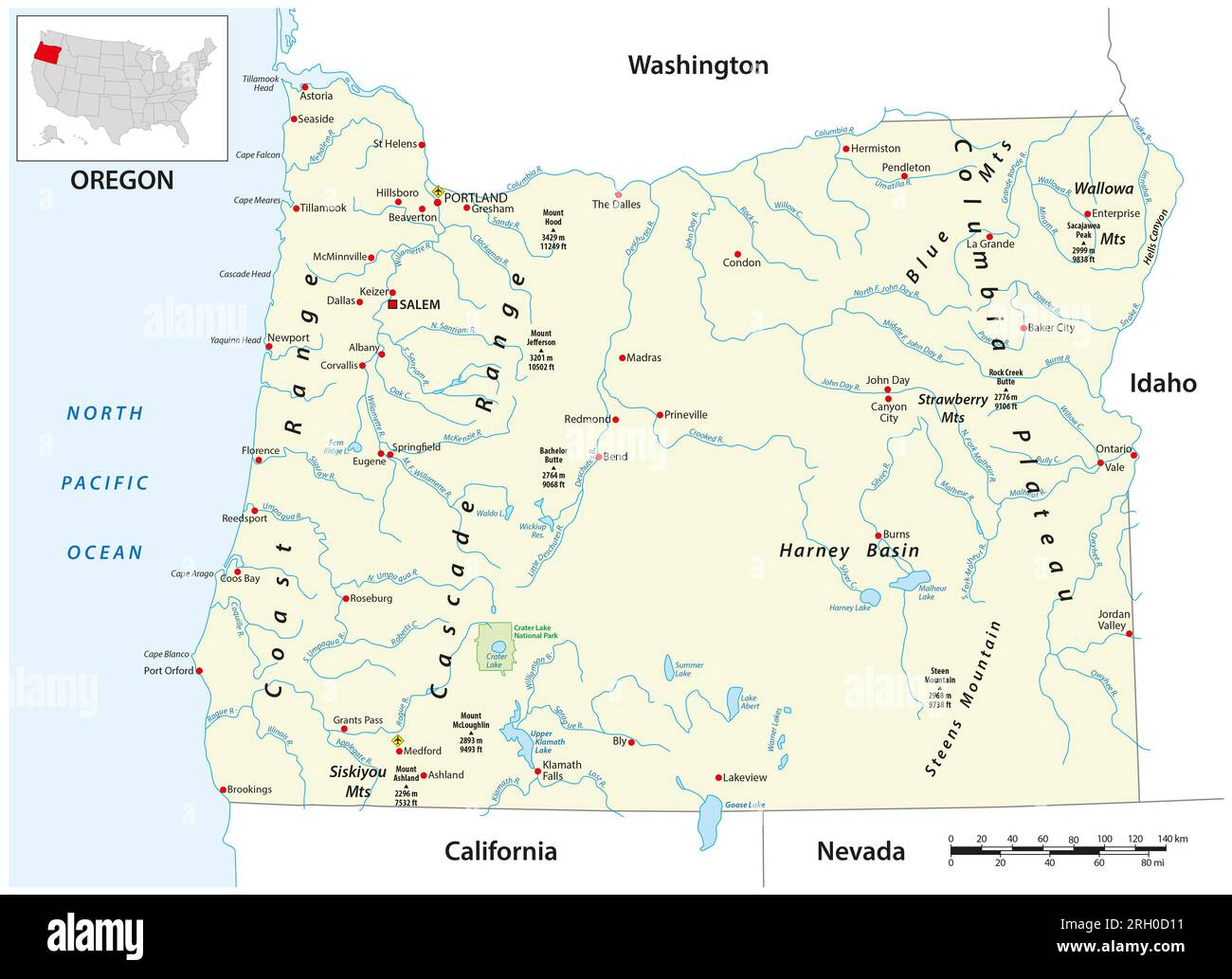 Vektorkarte des US-Bundesstaats Oregon Stockfoto