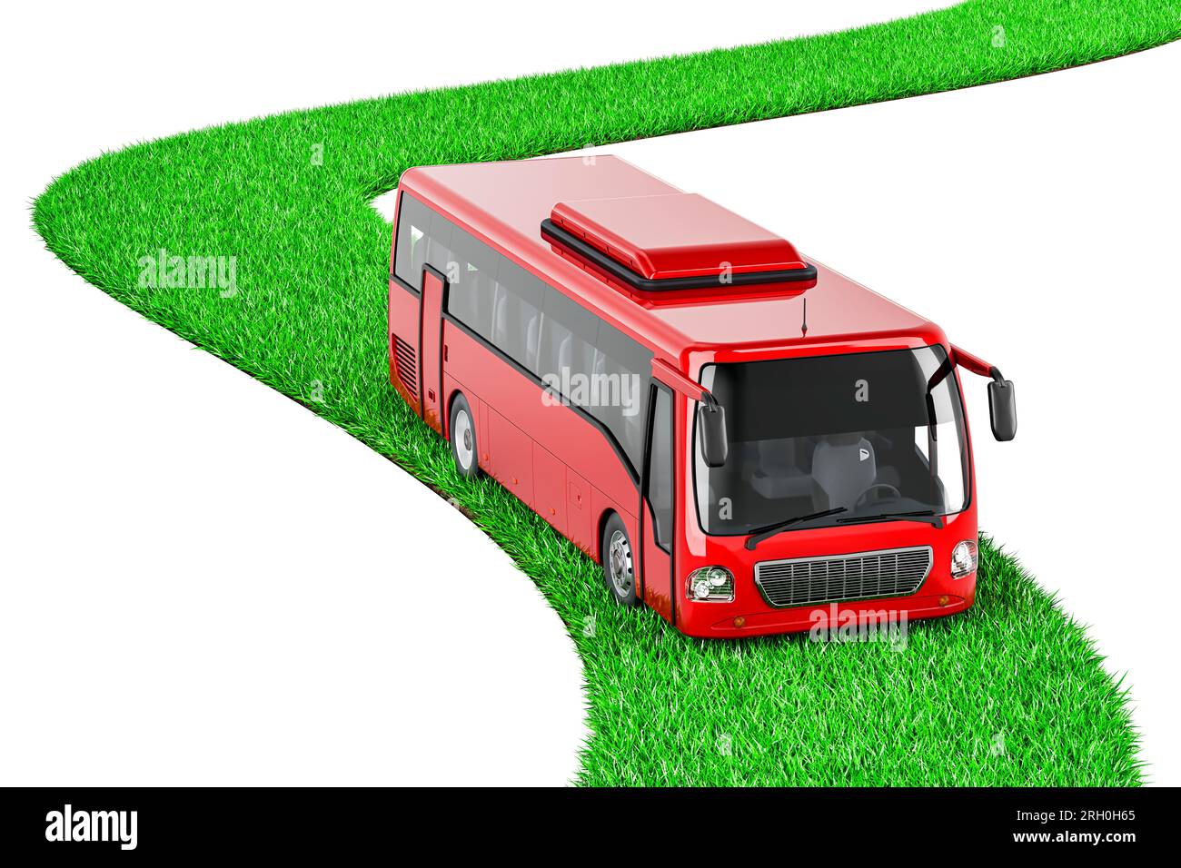 Elektrischer Touristenbus auf grünem Grasweg, 3D m isoliert auf weißem Hintergrund Stockfoto