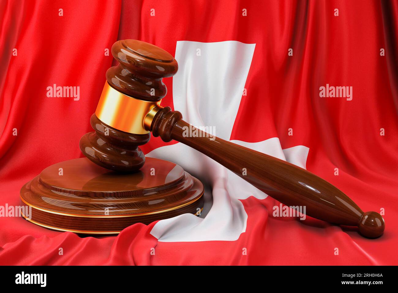 Schweizer Recht- und Justizkonzept. Holzhammer auf Schweizer Flagge, 3D-Darstellung Stockfoto