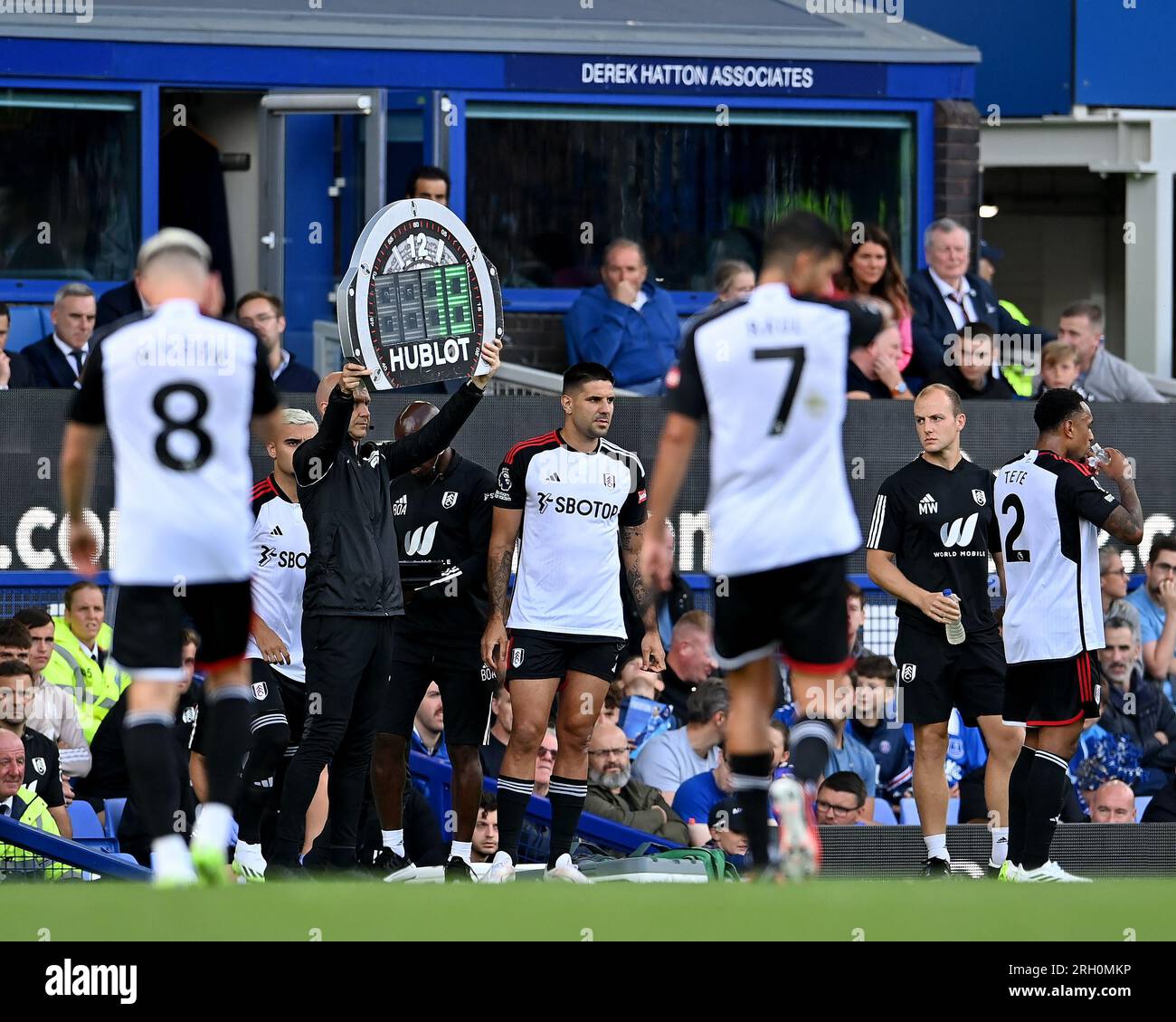 Liverpool, Großbritannien. 12. Aug. 2023. Raúl Jiménez aus Fulham wird während des Premier League-Spiels im Goodison Park, Liverpool, für Aleksandar Mitrović aus Fulham abgelegt. Das Bild sollte lauten: Gary Oakley/Sportimage Credit: Sportimage Ltd/Alamy Live News Stockfoto